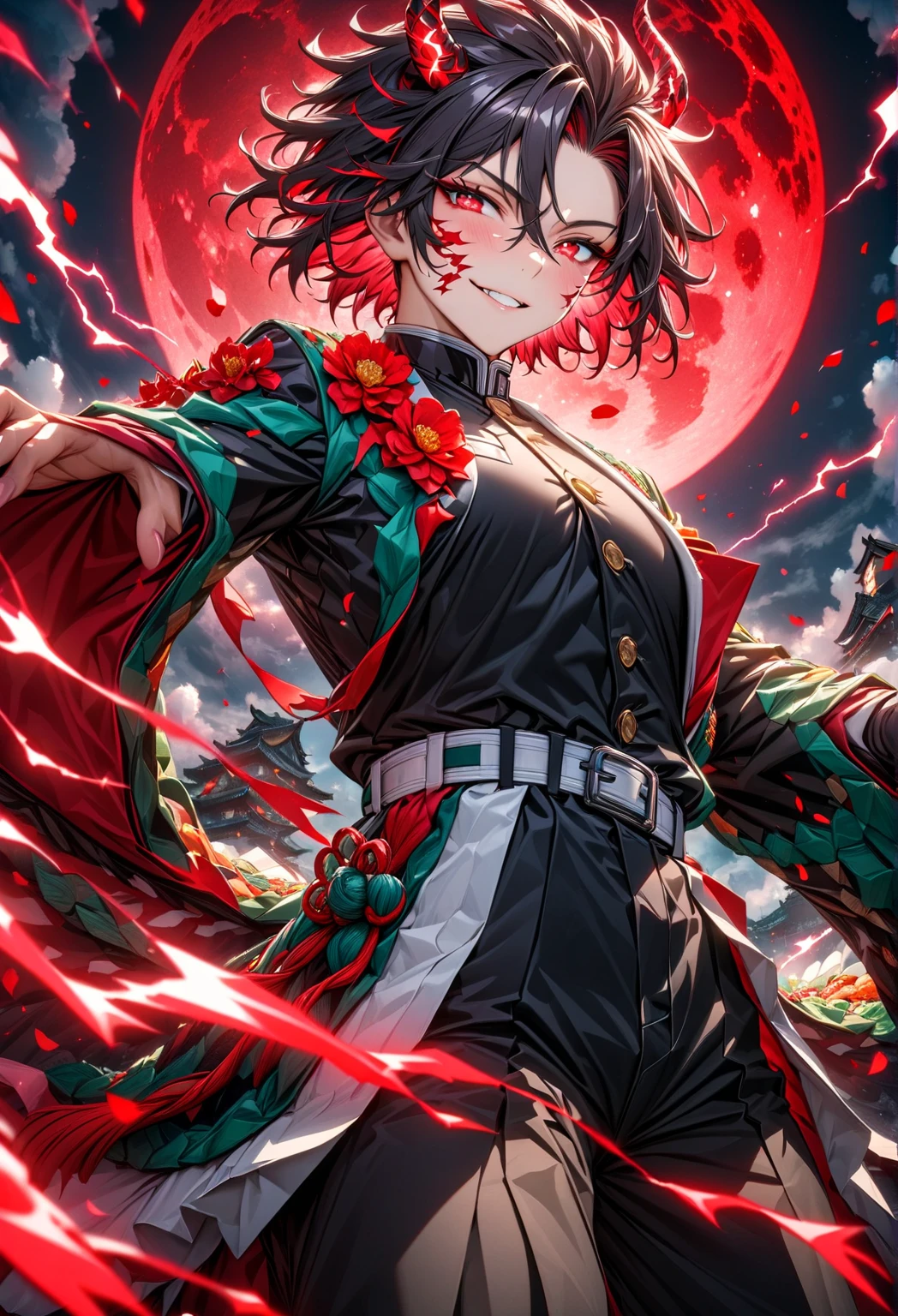 Ultra detailed, highres, absurdres, HDR, master piece, demon slayer, black medium length hair, expressive red eyes, white haori with patters of flames, black demon slayer uniform, Kimetsu No Yaiba, fantasy, petals, red flowers, handsome, sexy man, solo, magic, shining red fireflies, best quality, extremely detailed face and eyes, fire, red moon, red lightning, smiling