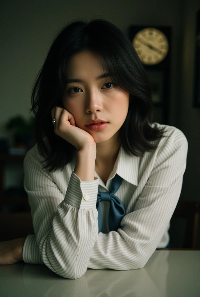 ((highest quality、8K、masterpiece:1.3))、Photoreal, sharp focus, High level image quality, High resolution, portrait, alone, japanese woman, Beautiful woman, short sleeve blouse、skirt、33 years old, semi-long、(((close your eyes、A face that sticks out its lips for a kiss)))