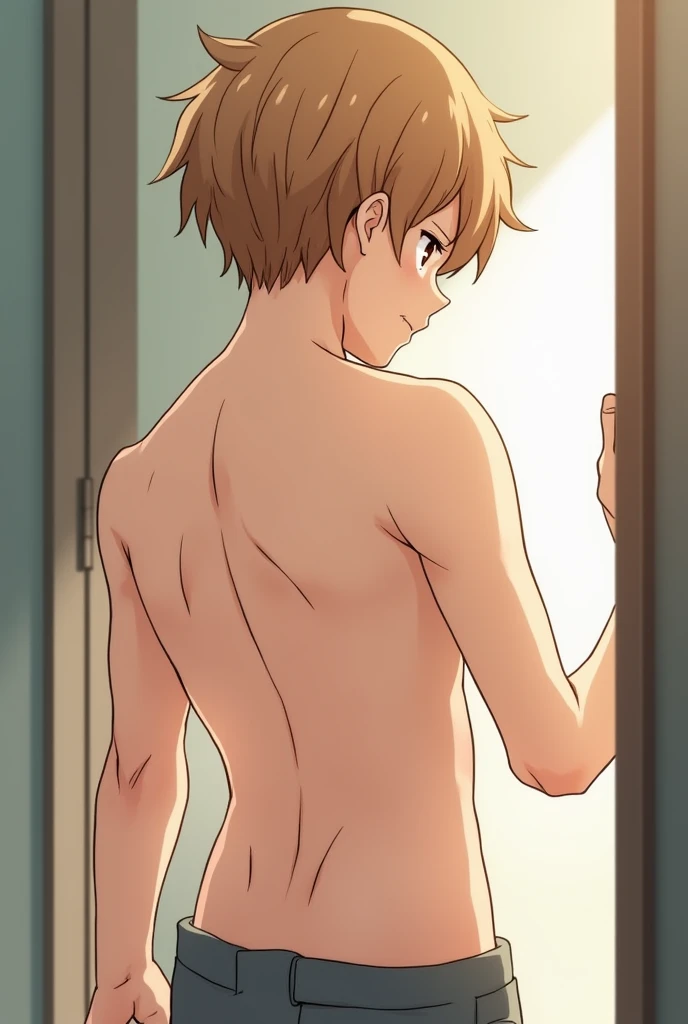 Male, slim, Cute, bright eyes, Short blond hair, in the bedroom, looks at the viewer, shy, naked male, nude male chest, upper body image, spread legs, dick, sexy, squatting, back view, ass, wet body, hands on hips, chubby male