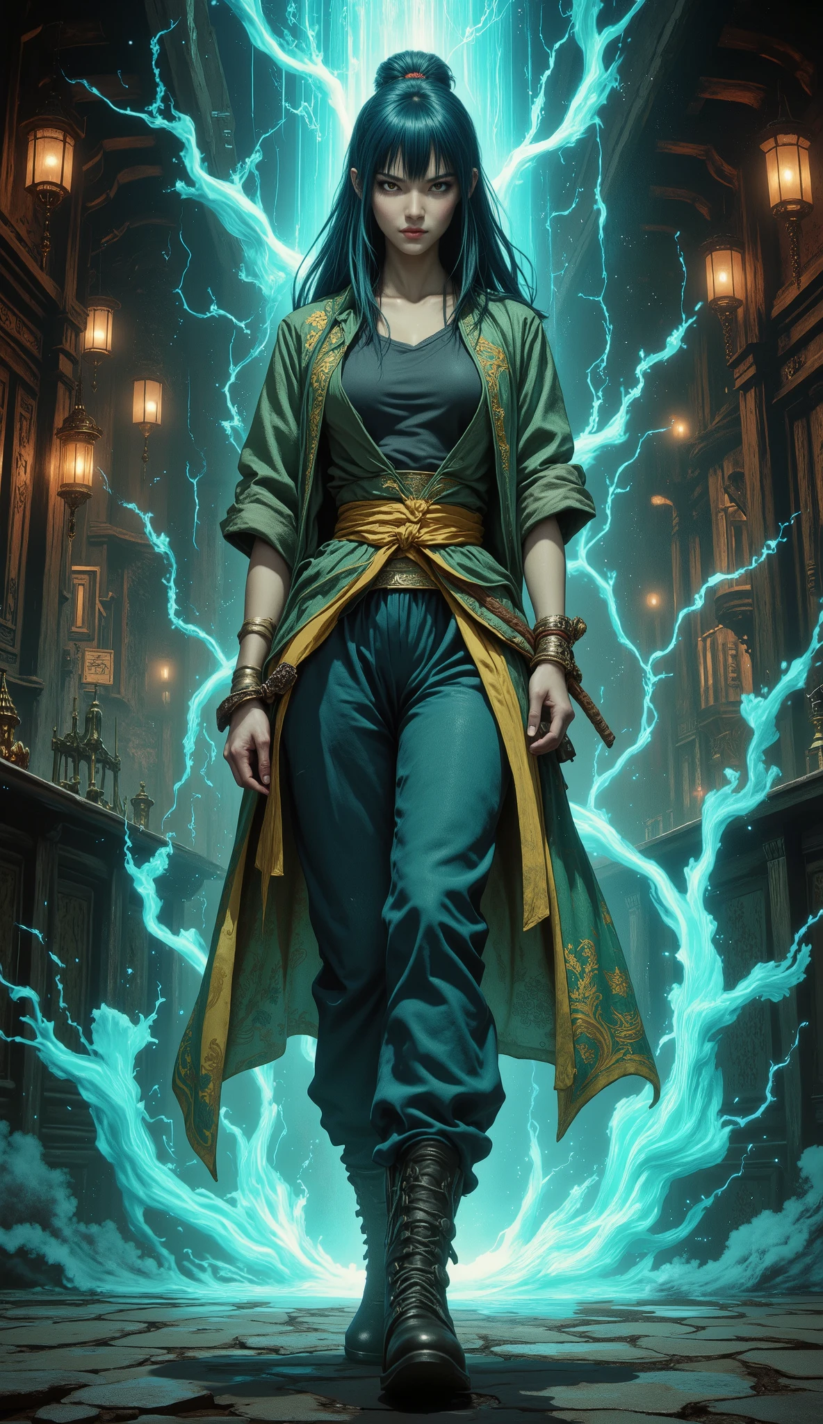 (masterpiece, best quality, ultra-detailed, 8k resolution, sharp focus, professional illustration, cinematic lighting), full body shot, dynamic low-angle, anatomically correct, 5 fingers.
A tall, statuesque young woman, a fantasy wuxia heroine exuding an aura of heroic arrogance and wild, untamed charisma. She stands in a proud, defiant pose, one hand planted firmly on her hip, her chin tilted up. Her face is a delicate, flawless oval of alabaster skin, her full, sensual lips curved into a contemptuous, confident smirk. Her eyebrows are thick, dark, and sharply arched, framing piercing, spirited eyes that gleam with inner fire. Her hair is a cascade of long, flowing midnight-blue silk, with a heavy, stylishly side-swept fringe that completely obscures the right side of her face, adding to her mystique.
She is clad in a vibrant fantasy martial arts outfit: a high-collared short jacket of rich emerald green brocade with intricate gold embroidery, sleeves rolled up to the elbows, revealing a simple dark blue t-shirt beneath. She wears matching emerald green trousers, loose-fitting yet practical, cinched at the waist by a wide, bright yellow silk sash. Her feet are shod in rugged, well-worn dark leather combat boots with brass buckles.
The setting is the atmospheric interior of a fantasy Chinese tavern, filled with rich, dark wood carvings, glowing paper lanterns, and shafts of dramatic light cutting through the hazy air. Luminous, crackling streams of raw cyan energy, like liquid light or coalesced Qi, swirl and spiral around her body in a vortex of power, casting an ethereal glow upon her and illuminating the motes of dust in the air.
Art style: beautiful, mature character concept art, cinematic fantasy painting, dynamic composition, dramatic chiaroscuro lighting, intricate details, style of WLOP and Guweiz, Unreal Engine 5, Octane render.