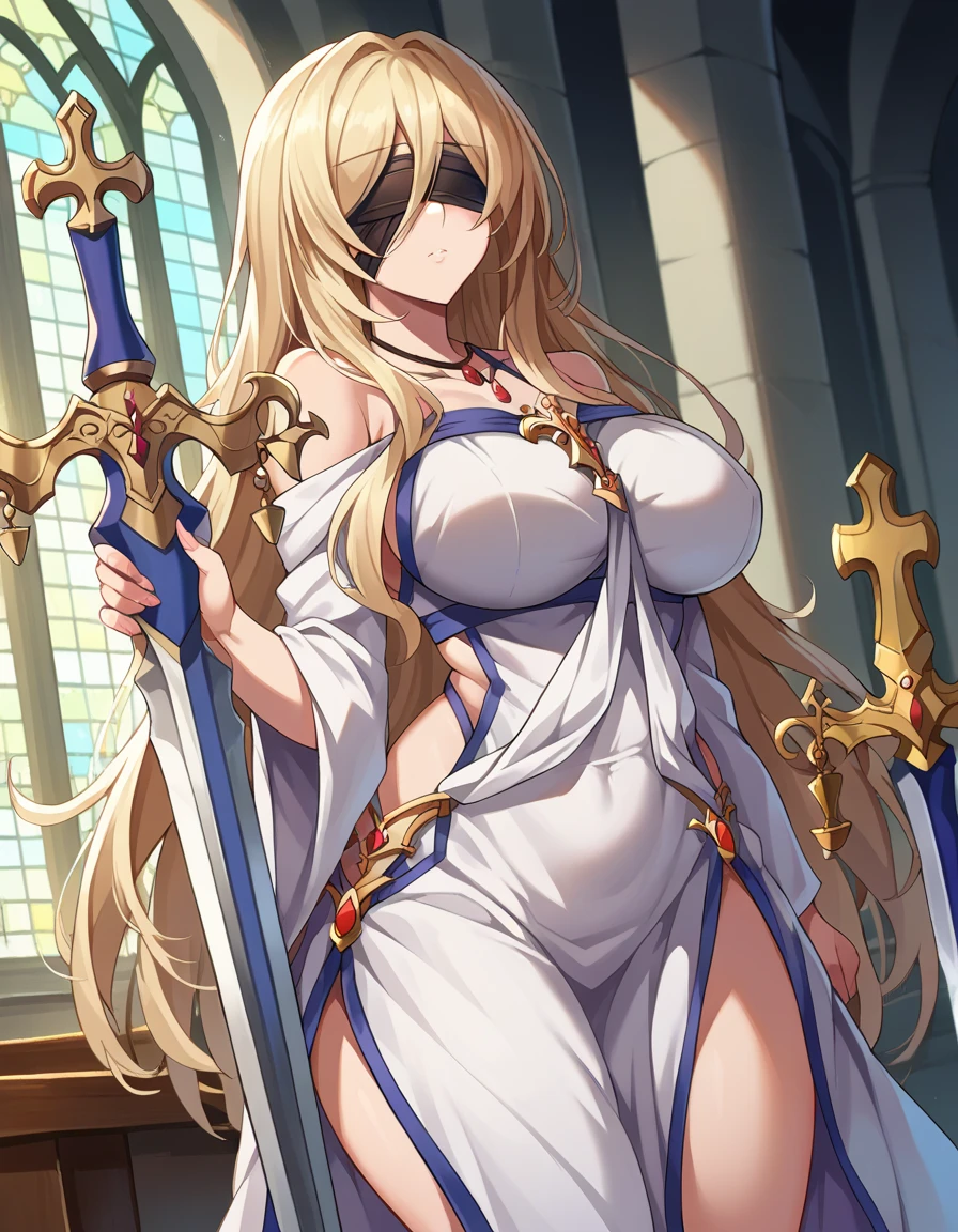 ((1 girl)), ((alone)),Sword Maiden, ((Extremely detailed CG unity 4k wallpaper)), (Masterpiece), (ultra quality), (Ultra detailed), (best illustration), ( best shadow ), (extremely detailed), looking at viewer, (absurdities), (detailed background), curvy body, dynamic pose, cowboy photo, large breasts, medium waist, wide hips, medium thighs, round butt,(( long hair, bangs, blonde hair, blindfold, eyes covered:1.2, black blindfold:1.3, white sweater dress:1.4, ribbed sweater:1.3, bare legs:1.2, habit:1.2, jewelry, sword weapon, necklace: 1.2, bare shoulders:1.2,smile,mouth closed)) , seductive, Standing, cowboy photo, backlight, ((only )), ((Standing:1.4, interior, church,pews, window,night ,moon,(sexy smile, sexy pose: 1.4), Arms crossed, arms under breasts, )), looking forward, ((focus on breasts), pov: (from below), perfect anatomy, perfect hands,