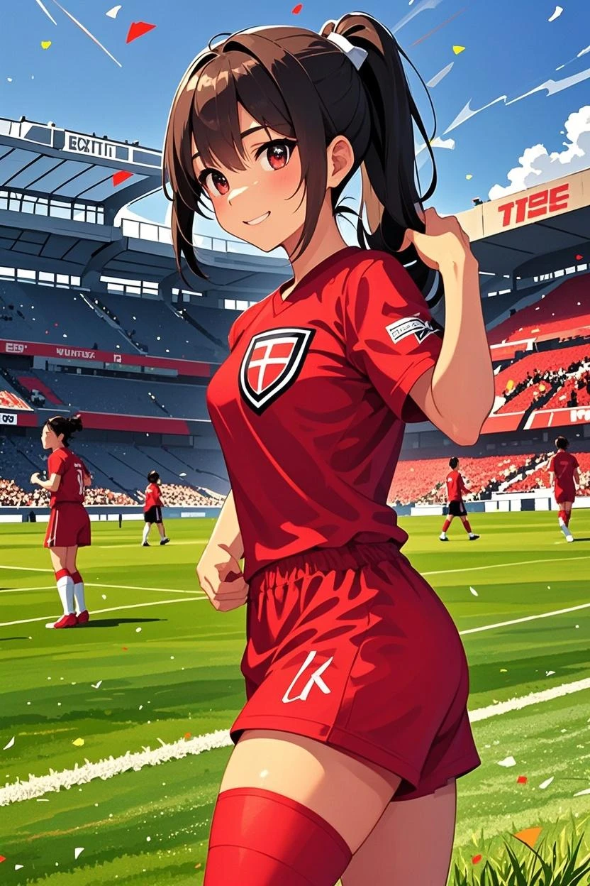 Black anime girl, black hair tied up, wearing blue and red and white soccer kit, wearing soccer boots, on the stadium, kicking ball, nike soccer kit, blue, long tied hair