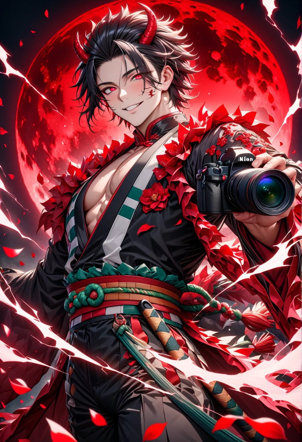 Ultra detailed, highres, absurdres, HDR, master piece, Saisei uchida, dark green hair, expressive golden eyes with white small pupil, white haori with patters of demonic, black kimuno with dark flower patterns, Kimetsu No Yaiba, fantasy, petals, red flowers, handsome, sexy man using blood demon art, solo, magic, shining blue and green fireflies, red moon, best quality, extremely detailed face and eyes, spirit, forest, four dark yellow petals attached to his hair
Waiting to start