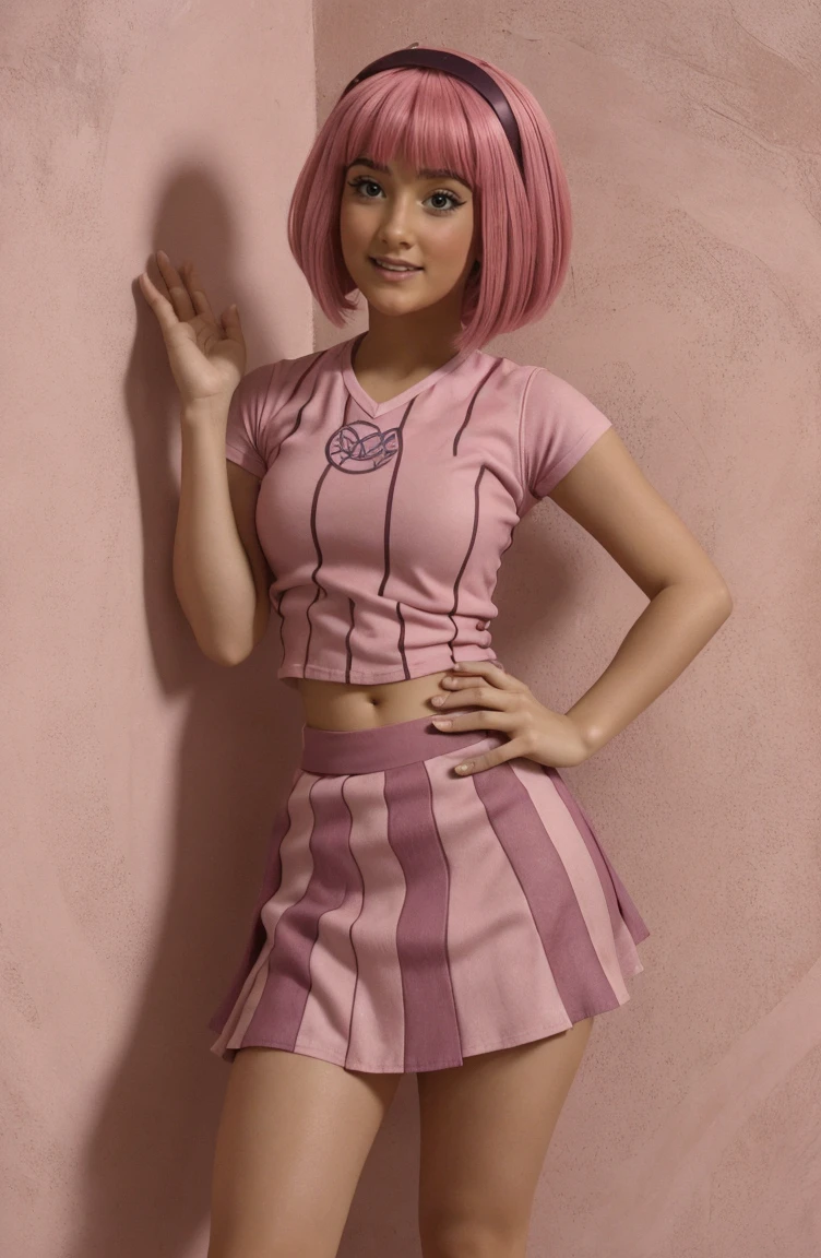 (Betrachter betrachten:1.2), (((1 girl))), (((Allein))), mit kurzen rosa Haaren , Gestreiftes Kleid, reddened cheeks:1.3, Best quality, extrem detailliert, detaillierte Augen:1.3, Meisterwerk, 32k, ROH,  Extrem niedlich, (((Herzen:1.3))), Nice, (reddened cheeks:1.3), ((dynamische pose:1.2)), teenage girl, kurzer minirock, curvy body, (( stephanie from lazy town)),