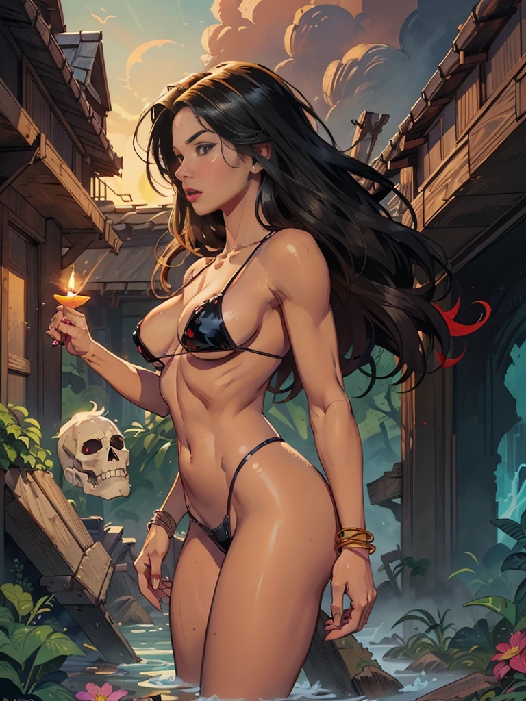 (Masterpiece, Best Quality), 8k Wallpaper, highly detailed, obscure dungeon in background, Voodoo priestess, 1970s, exploitation, skulls, bones, african american, sexy, erotic, horror thriller cinematic movie poster, Bauhaus, shapes, lines, abstract, propaganda, movie poster, vintage, detailed santeria in background cleavage, smirk, seductive