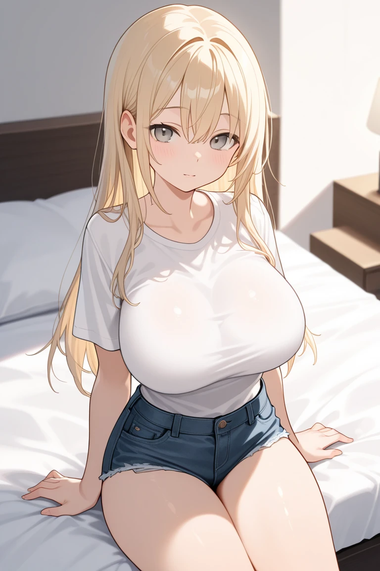 Tabletop, highest quality,figure, wallpaper, Super detailed, Absurd beauty、1 beautiful girl、(Blonde、Medium Hair、Braided hair、Wavy Hair、Ample breasts、Very large breasts)、Casual clothing、Summer clothes ,Black tank top、Shorts、Shyness、blush、Trying to take off clothes、living room
