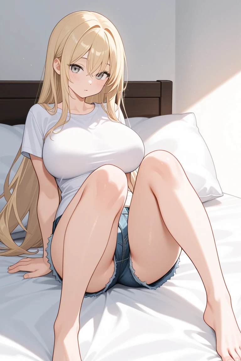 The little blonde girl sat on the bed,legs are open, Wear a white tank top and denim shorts,underwear is transparent,Erotic lingerie,The eyes are pitiful,lower body focus,Ribbons and silks,ssmile,lip bite,pornographic lingerie,Spread your legs,There is a lot of sweat on the body,Large breasts(Big breasts:3.0)