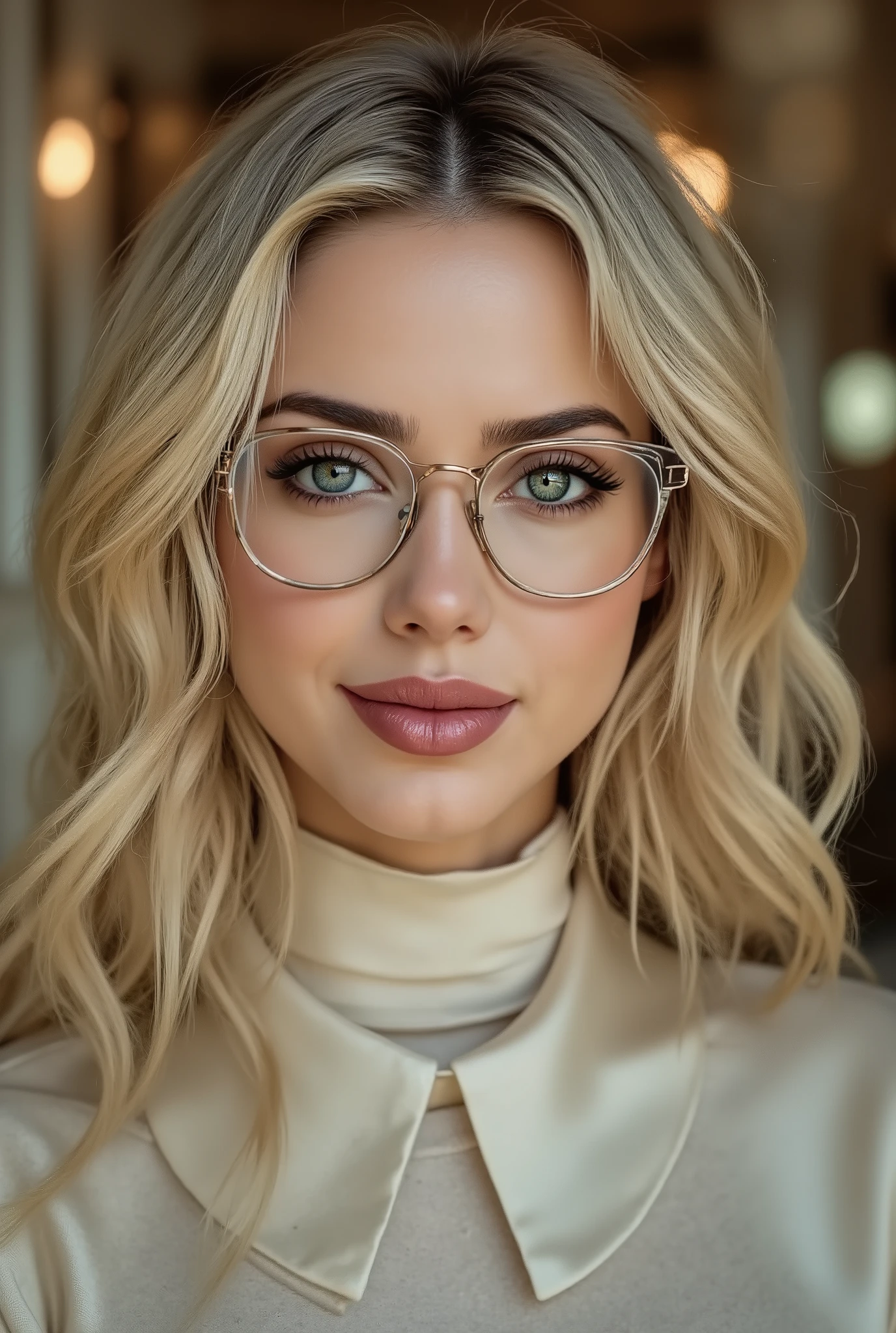 arafed woman wearing a collared satin blouse under a crewneck sweater, warm smile, gorgeous eyes, glasses