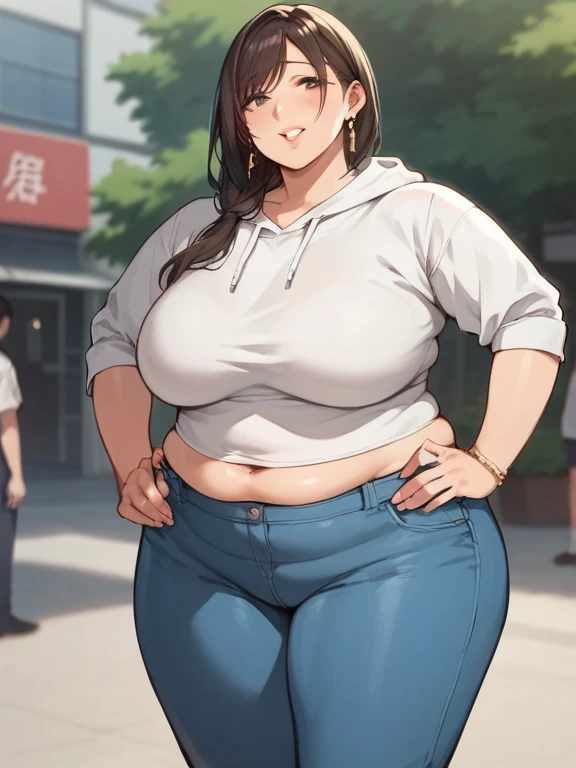 score_9, score_8_up, score_7_up, masterpiece, best quality,high quality,highres,very aesthetic, absurdres, high detailed,optimal lightning,4k,8k wallpaper, source_anime, official art, official style, megami magazine,BREAK, 1girl, imagine Revy as a plus size milf, 45-year-old, mature woman, long hair, brown hair, brown eyes, ponytail, plump, chubby figure, round belly, black crop top, fingerless gloves, black leather pants,unamused,disappointed,expressionless,holding a cigarette,BREAK,city street, walking