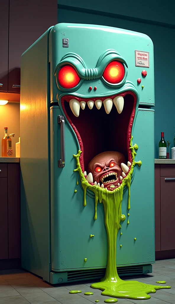 Spooky Kitchen Appliances、((Bright red blood is flowing out from inside the pure white refrigerator.、Bloody))、Masterpiece、best composition、ultra-definition、Photorealsitic、A hyper-realistic