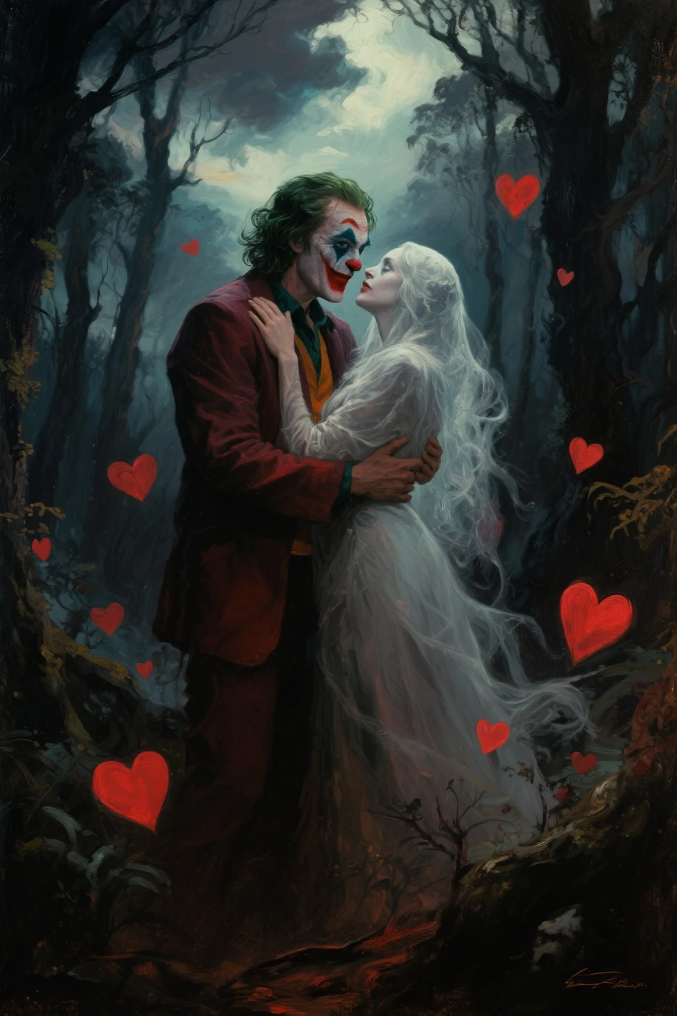 Wedding. Couple. Kissing. Dark. In the style of Adrian Ghenie, Esao Andrews, Jenny Saville, Edward Hopper, surrealism, Dark Art par James Jean, Takato Yamamoto, Minimalisme inkpunk. Dans le style Tim Burton. Dans le style Addams Family. Gothic. Dans le style de Guweiz. Dans le style de Shadbase. Dans le style de Shadman.