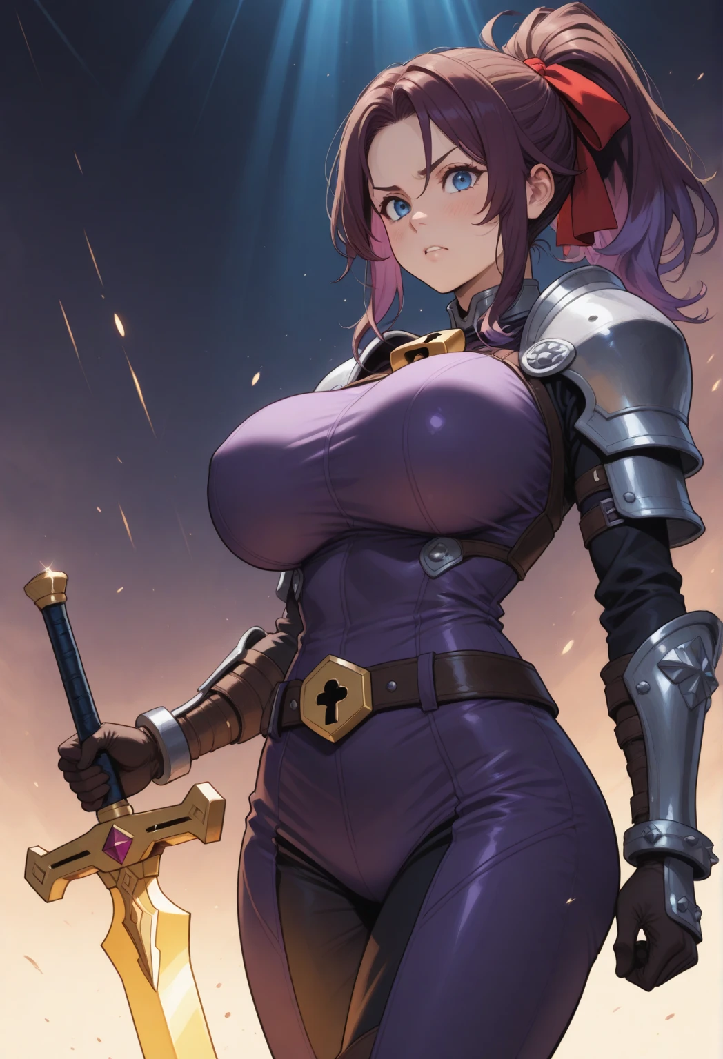 masterpiece, best quality, beautiful art, high resolution, well formed hands, body and fingers, 1 woman, solo, Maou, underboob, adult, large and round breasted, cleavage, hair ribbon, wearing a Leina Vance outfit, loin cloth, full body picture, sexy and skimpy bikini armor,  gorgeous hips,  legs and thighs , fighting in a combat match, showing her fighting skills, making her guard, about to hit the viewer, looking at the viewer,   sweating, bouncing breasts, smiling joyfully and brightly, being confident and proud, action and fighting scene, fighting cage on beach environment.                          