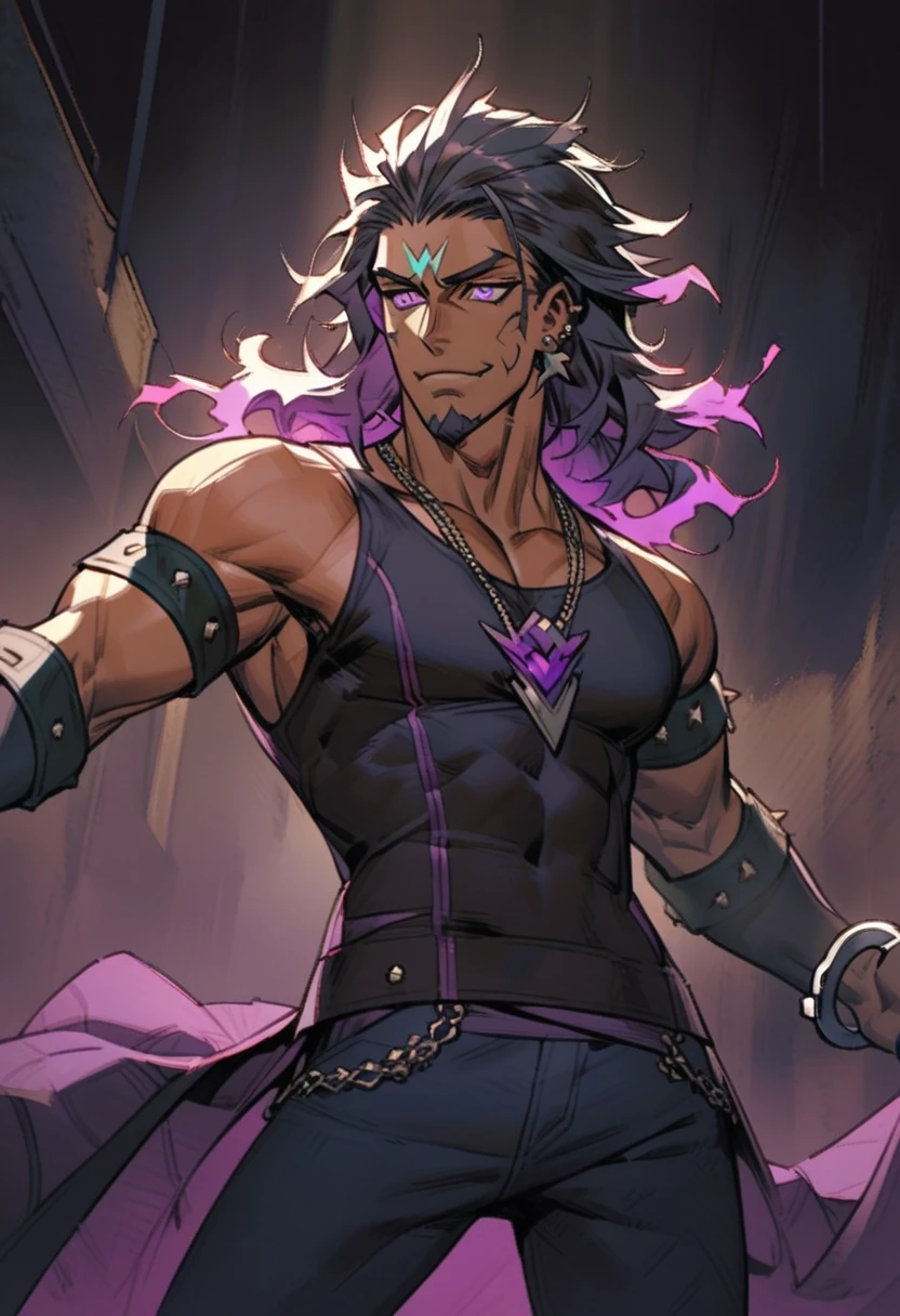 Young man, Pierce Dawnstar, lean and athletic build, confident smirk, expressive slightly raised eyebrows, rectangular face, strong jawline, defined cheekbones, neatly trimmed goatee, long very wavy black hair with vibrant fiery purple highlights, piercing purple eyes. Wearing a black leather vest (open), ripped black jeans, studded black boots. Rebellious pose, He stands with a dynamic, confident pose, perhaps one hand running through his hair, or leaning back slightly with an arrogant tilt of his head. His expression is alluring and self-assured, capturing the essence of a performer. His body language is open and inviting, yet maintaining a powerful aura, symbolic necklace, handcuffs dangling from jeans, spiked armbands. Dramatic lighting, detailed textures, dark and moody atmosphere, stylized digital illustration