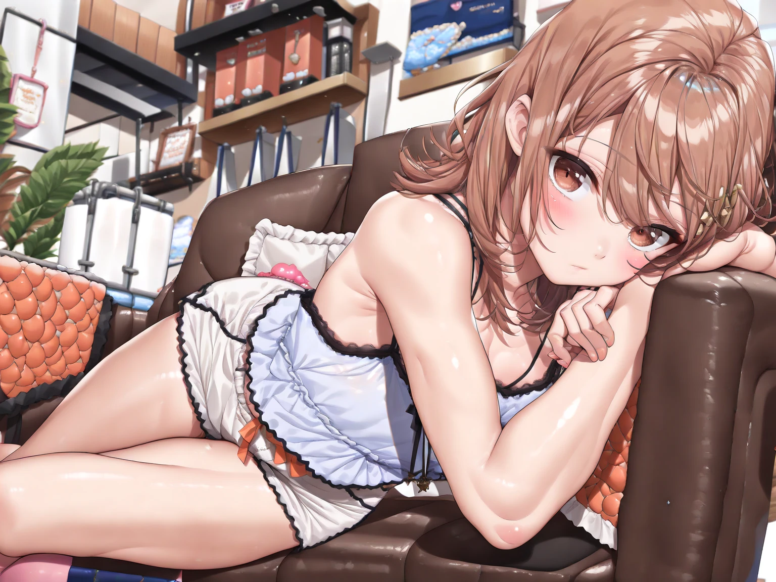 (masterpiece, Highest quality), (((Perfect Anatomy, Anatomically correct))), ((1 Girl)), short hair, Blunt bangs, Light brown hair, happiness, Green Eyes, hair ornaments, School_uniform, short_Dispel, just_feet, blue sky, window, Front view, Insights,The body is slim, Compresses on the chest, ((Beige cardigan,Green pleated skirt、Blue Neck Ribbon、White knee-high socks)),Pastel colored pantiesが見えている、((Pastel colored panties))、((Shiny panties))、((Normal location:1.4))、(((Straddle)))，((feetを開いて座らされた…))、((orgasm:1.6)),((((M-shaped legs:1.1))),((Lift up your shirt:1.5)),((Showing off your bra)),(((Lace bra))),Award-winning bra designs、Random Color Bra、((((M-shaped legs:1.1)))、((orgasm:1.3)),((((M-shaped legs:1.1))),(((Sex with a man))),(Vagina Penis),Erotic atmosphere,Stupid,shortness of breath:1.6,((Pussy juice:1.3))