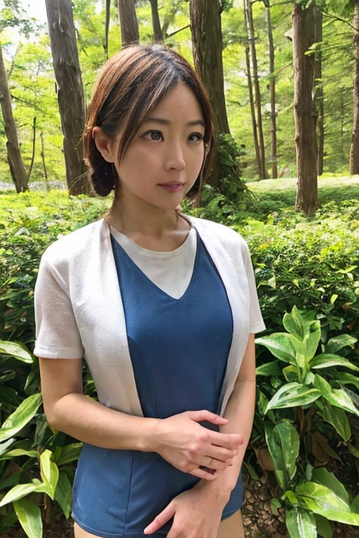 highest quality, 8K, masterpiece, Photoreal, realistic, 1 beautiful Japan woman, mature woman, 40 years old, detailed skin texture, short hair, well-shaped chest, (Nude, over white shirts), sitting on a park bench, (spread legs),  