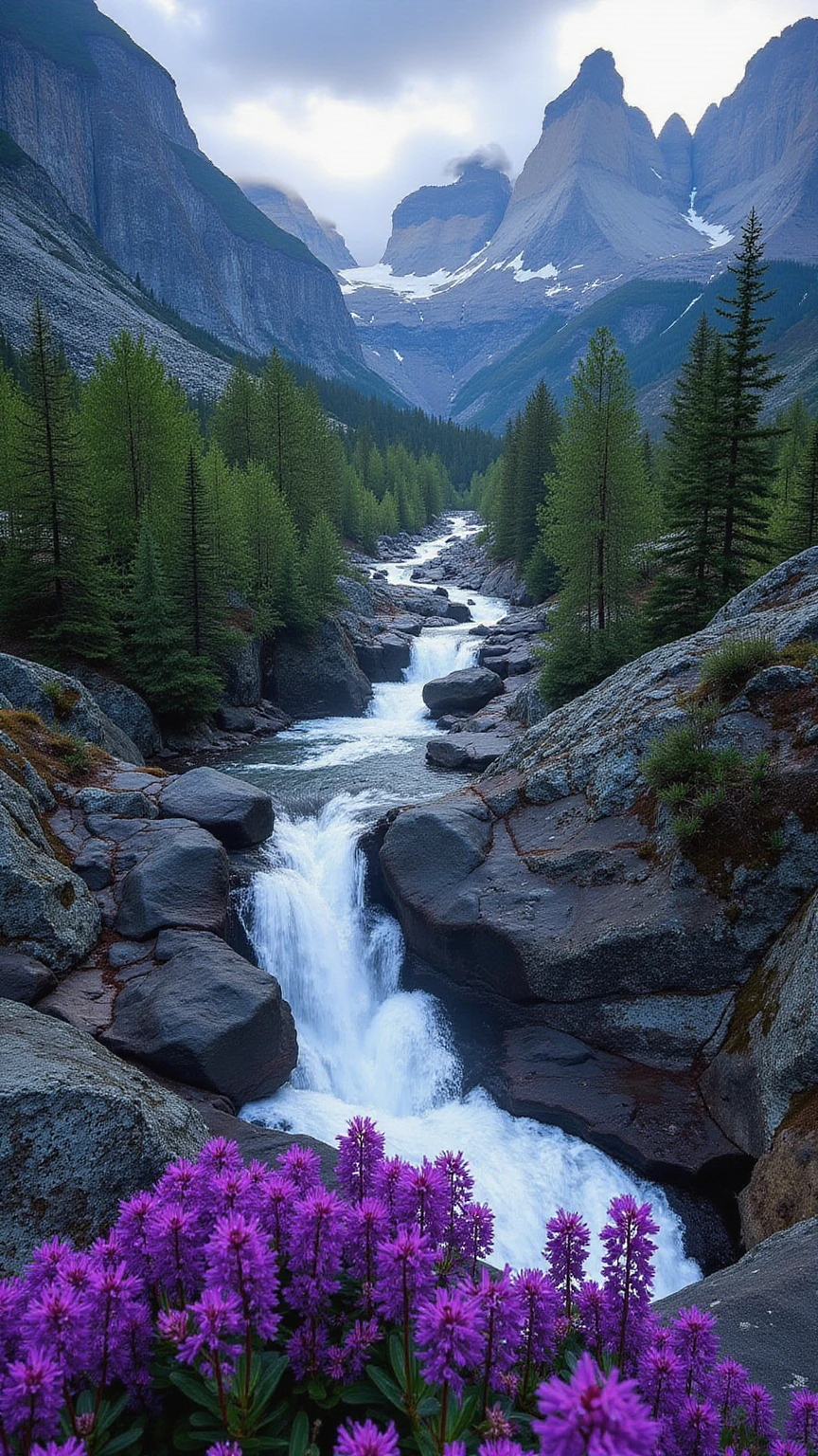 high resolution images in front of the teacher、Mysterious river with only rock faces and purple flowers、Cobalt Blue Rapids、Lots of Grey Pointed Rocks、Mysterious contrast of red flowers、Tight valley with lots of purple flowers、Superb Scenery Reminiscent of Another World