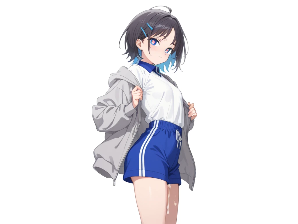 (Absurdity, Masterpiece, High Resolution, Very Beautiful Girl, Very Detailed Face and Eyes: 1), (Cute: 1.4), Light Effects, One Girl, Solo, Tips, Big, Sticking Out Your Tongue, Petite, :d, Look Away, Bloomers, Gym Clothes, Sweat, Sheer Through, Outdoor, Playground, Summer, Side Tail, Pull Up Gym Clothes, Visible Ruffled Bra, M-Shaped Legs,