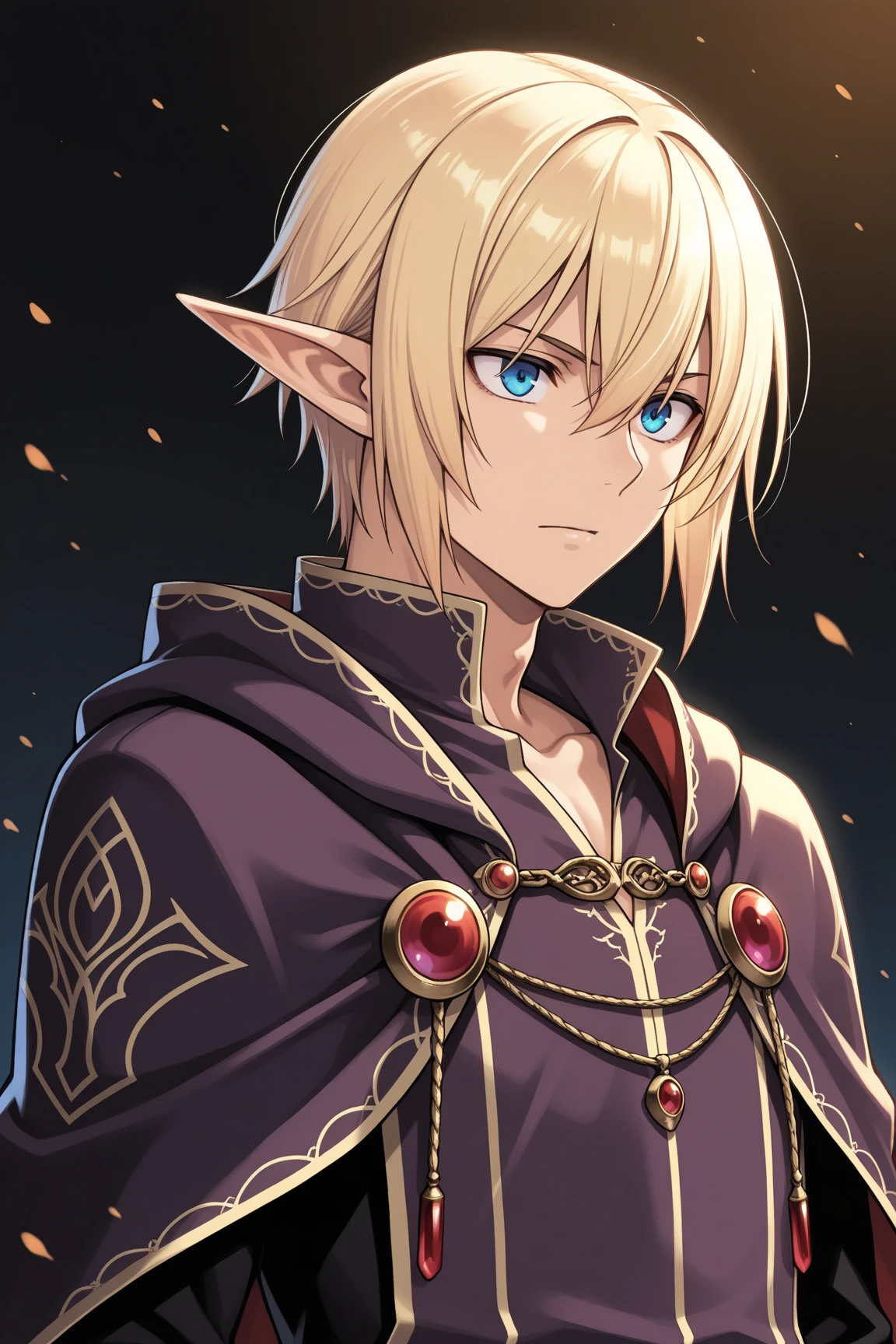 Best quality, Super detailed illustration, Warm colors, Ideal lighting, perfect detail, dark elf boy, dark skin ,Elven ears, femboy,  short hair, dirty hair, lilac eyes, Priest's clothes, flat chest, Bright eyes, full length