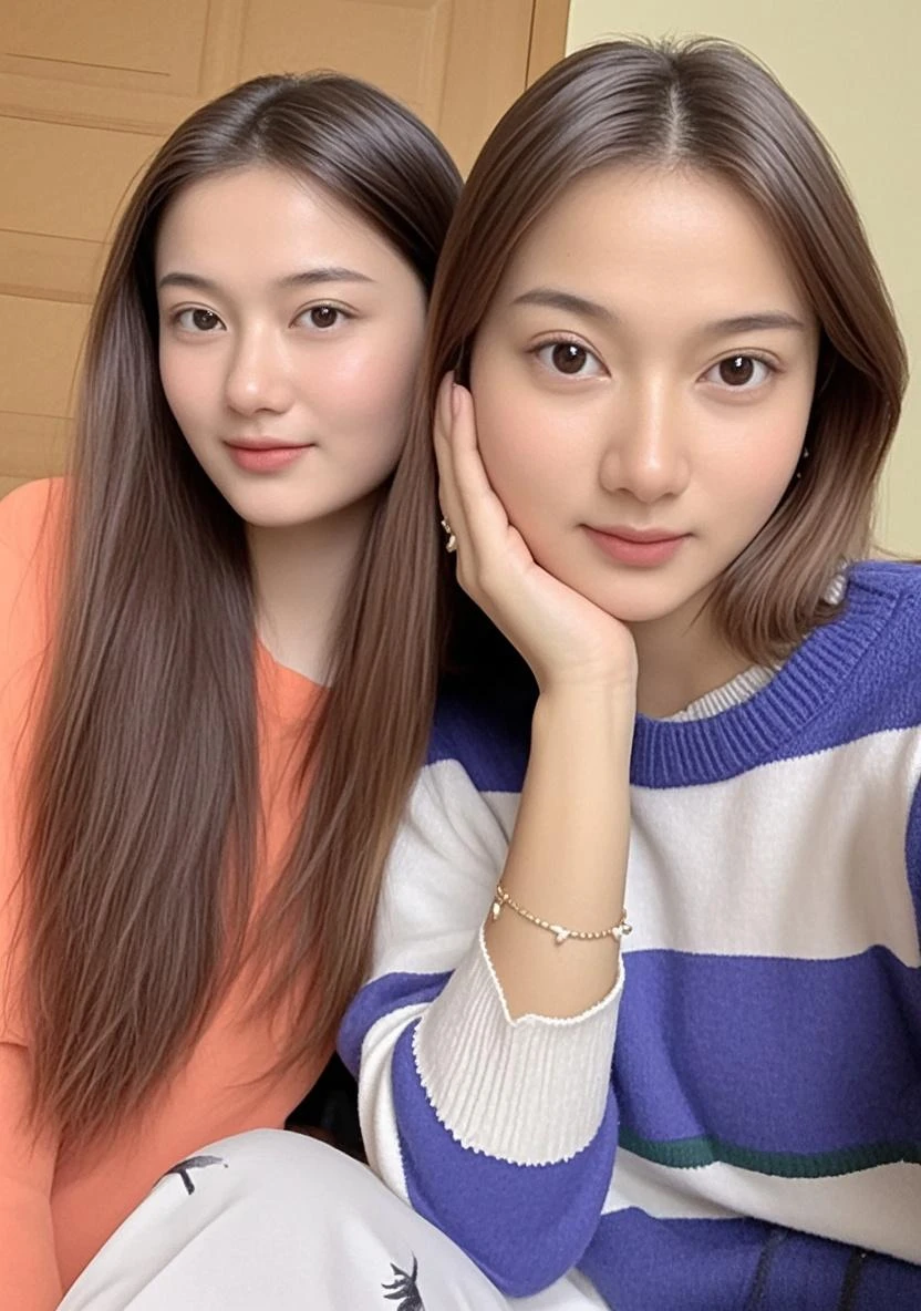 Two young women standing side by side、Light brown hair、、、ear piercing、Necklace around the neck、blouse、Closed Mouth Smile、Intricate details, Very detailed:1.2), 、 Looking into the camera,The background is the office