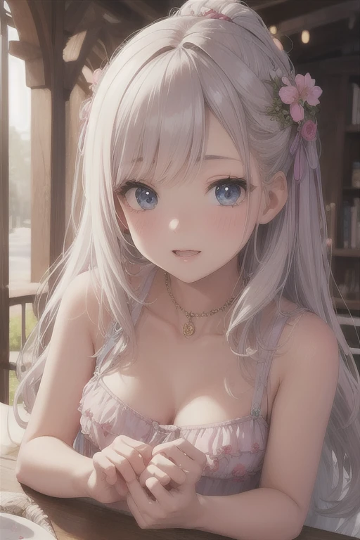 小さなgirl、The arrival of spring、pantyhose、thick thighs、thick thighs、thick thighs、 (alone:1.5,)Super detailed,bright colors, very beautiful detailed anime face and eyes, look straight, ;d, shiny_skin,girl, ((silver long hair,Inner color is red 、forehead is exposed.、green eyes、、shiny hair, delicate beautiful face, blush、(turquoise eyes), White skin, Valletta, earrings,、blue flower field、(((Floral pink outfit、white mini skirt)))、twin tails、smile、happy face、face dyed red、crawl on all fours