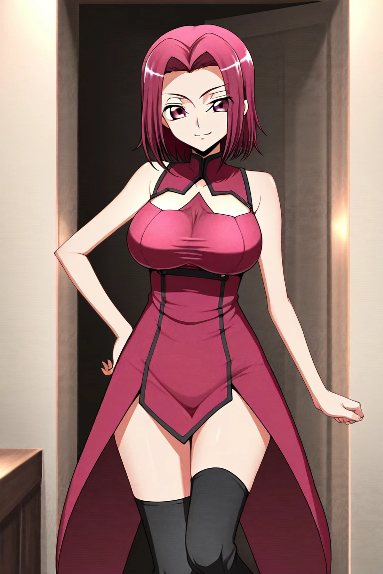 A woman with red hair and red eyes in a red robe is standing in a pool of water.