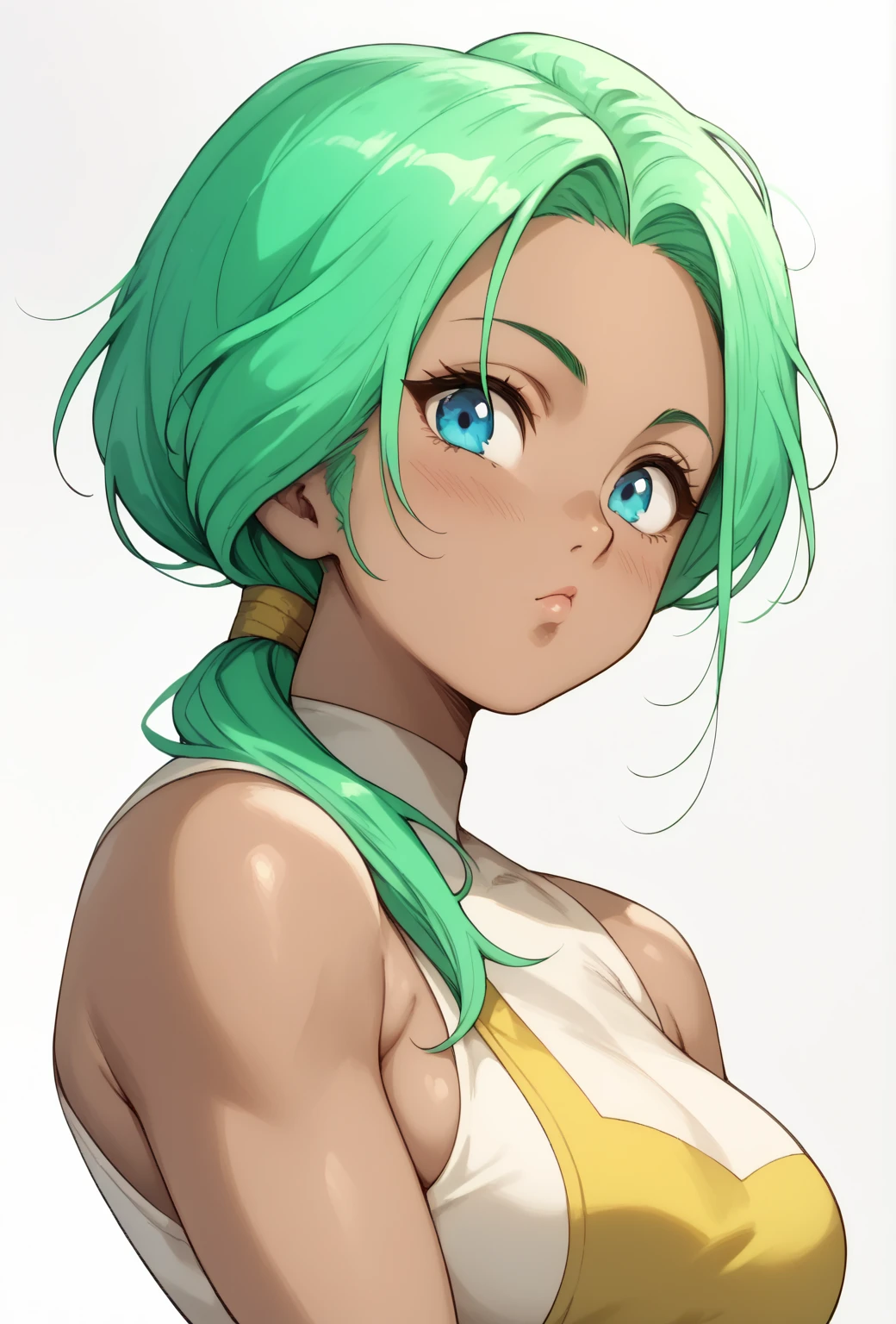 MILF, braided green hair, green eyes, smooth snake scales on cheeks, smooth snake scales on forearms, white unbuttoned dressed, golden belt with a tassel, large green gem on necklace, gold bangles on wrists, gold chocker, golden earrings shaped like bells