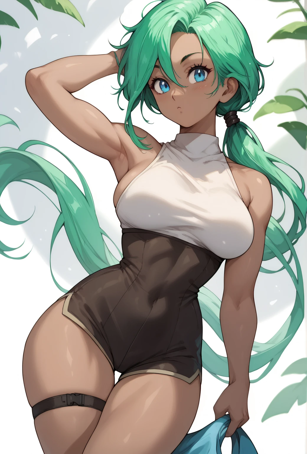 1girl, 独奏,black dark skin,breasts,thighs,dark-skinned female, green eyes, long hair, smile,Dynamic Angle,Swimwear,Embarrassed face