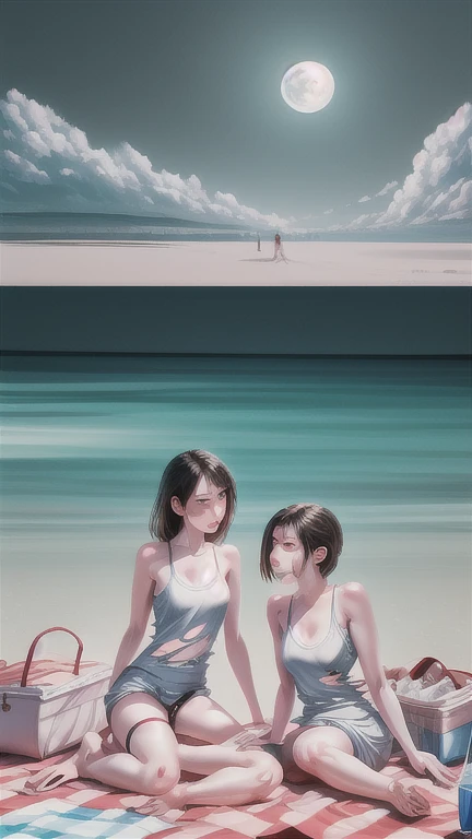 alone in the universe, Paint in watercolor style, Photorealism, discreet golden and ruby and mint shades, (nude) a gentle, modest thin girl of 16 years old with a very beautiful, exquisite face of the southern type with tender nipples walks barefoot in the distance (around the seaside town) early morning to the sea (along the houses)