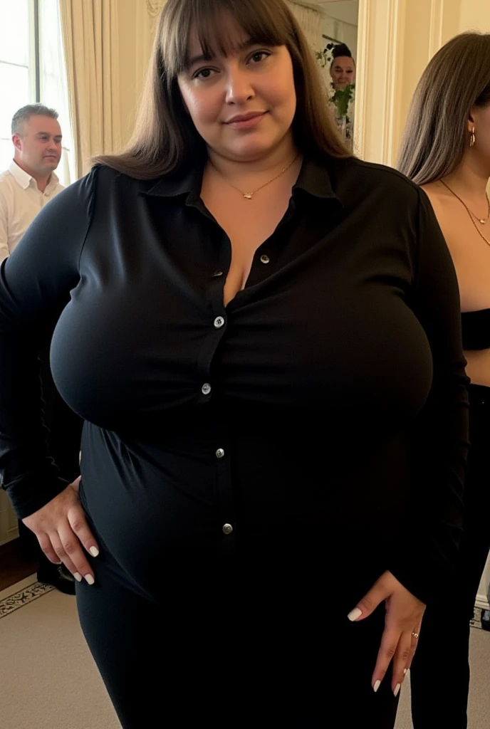 there is a woman and a  standing together on a sidewalk, she is wearing a black dress, wearing a black dress, wearing black dress, wearing a tight black dress, wearing a dark dress, 3 0 years old woman, 30 years old woman, black dress, 2 4 year old female model, detailed professional photo, dressed all in black, from above, Big tits, huge , no clothes, sexy, cute, wide hips, thick thighs, pear-shaped body, minimal clothes, thick, bbw, chubby stomach, thick nipples, nipple piercings, large areola, hard nipples, piercing through shirt, nipples hard through shirt, busty, major cleavage, naked, ripping through top, spilling over sides, bra too tight, giant , dominatrix, dominatrix clothes, revealing clothes, ass so fat you can see it from the front, giant tits, from above