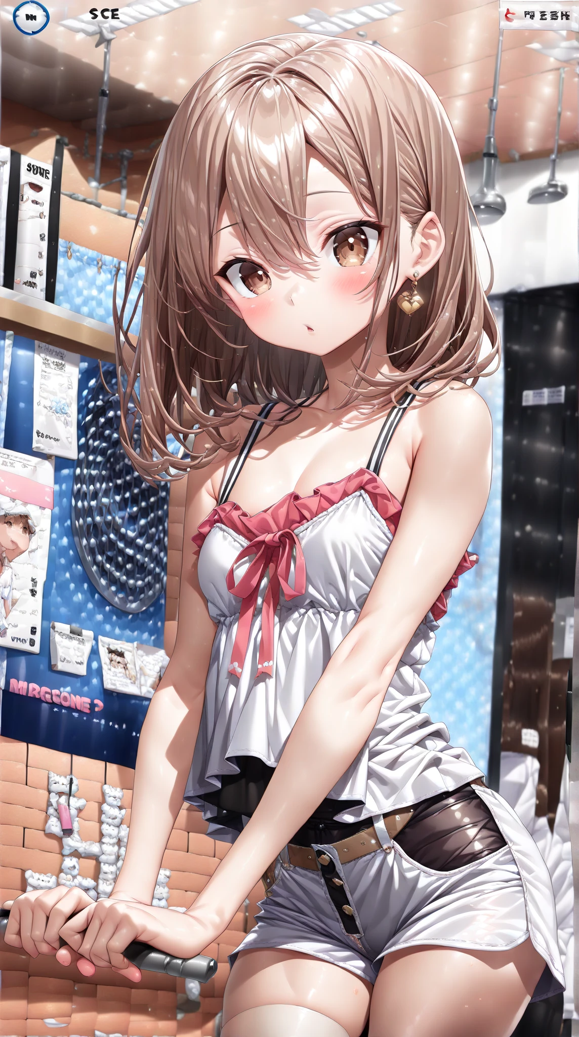 (Brown eyes:1.5), brown hair, long hair, (one side up:1.2), BREAK Bare Shoulders, clavicle, pink shirt, puffy short sleeve, plump sleeves, red bow, shirt, short sleeve, skirt, white skirt, masterpiece:1.2)、highest quality、High resolution、unity 8k wallpaper、(enlightenment:0.8)、(beautiful and fine eyes:1.6)、highly detailed face、perfect lighting、Detailed CG、 (perfect hands、perfect anatomy)、look at the audience、blush、laughter、stand on the escalator, (on the up escalator), (lower body shot), thigh focus, (Shooting from below 1.3), (Figure 1 seen from behind.3)、 (color々patterned pants:1.3)、(Skirt rolled up:1.3)、(fully exposed panties:1.5),(please show me your butt:1.3)