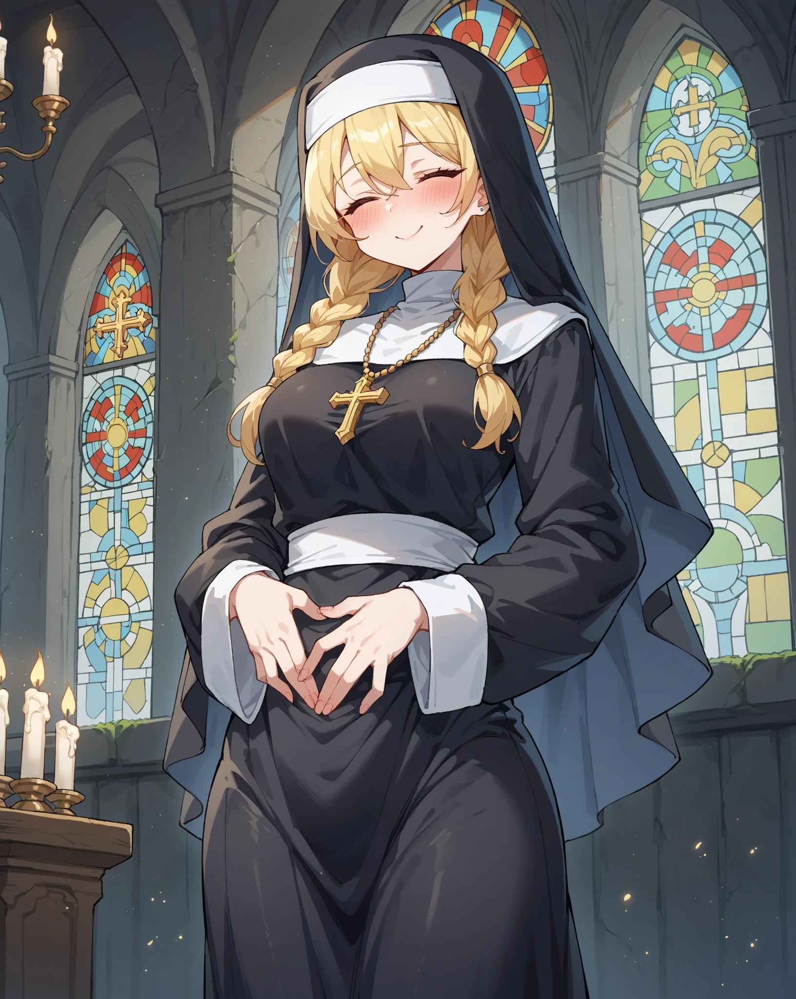score_9, score_8_up, score_7_up, score_6_up, BREAK,<lora:FluffyDango_Style_Pony9:1>, 1girl, solo, large breasts, cowboy shot, <lora:add-detail-xl:.5>, nun, cathedral, looking up, eyes closed, gentle smile, cross necklace, gentle blush, blonde hair, hip vent, kneeling