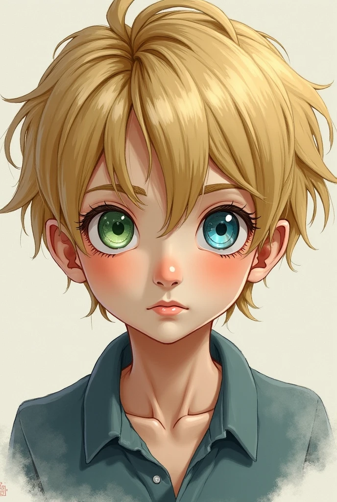 Blonde boy illustration anime style dress shirt red tie face is flushed mouth half open red eyes tilted head