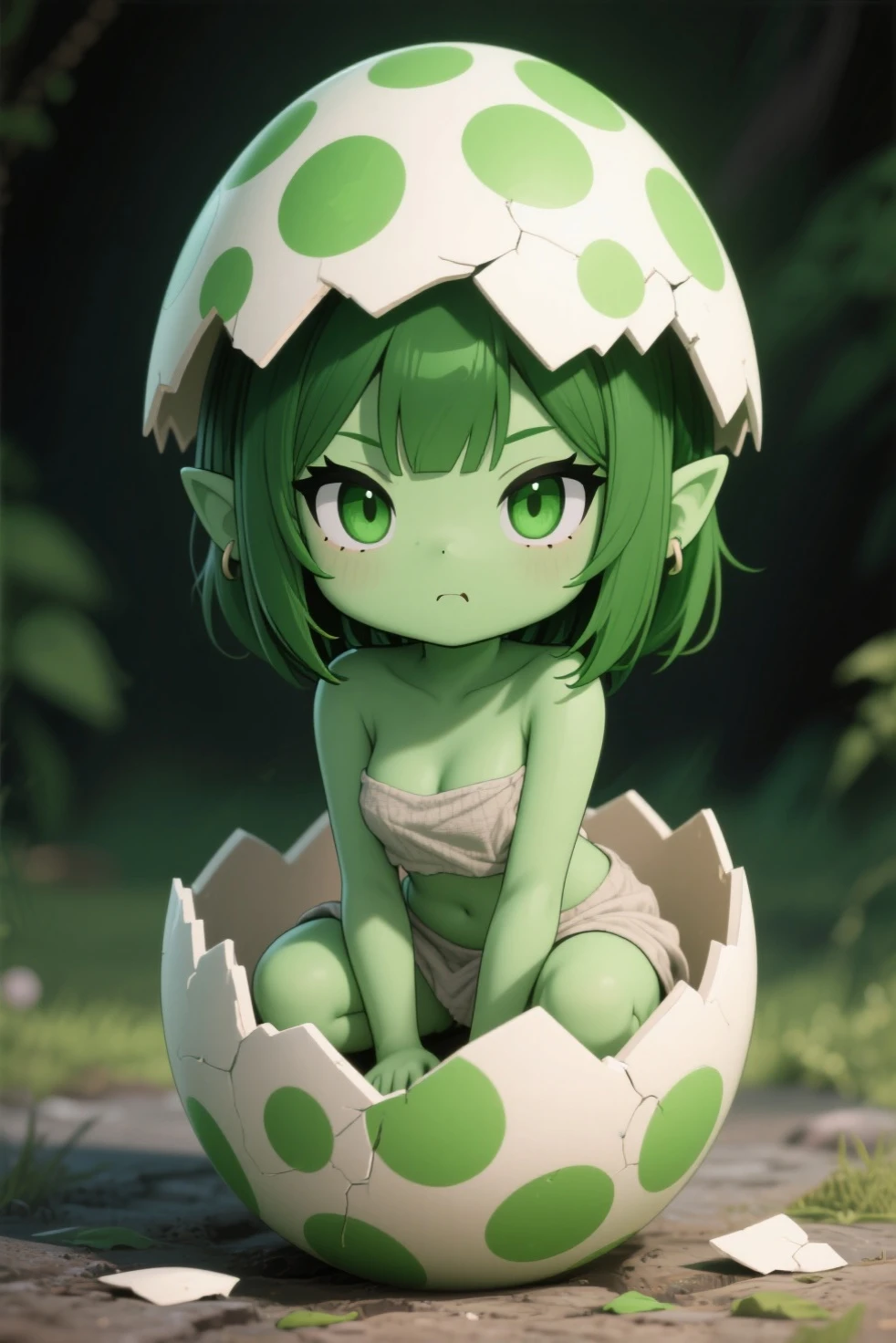 nude, thick thighs, green hair, moles, freckles, short hair, fat butt, small, squatting
