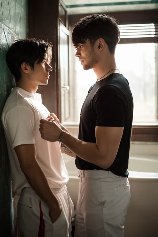 2 boys, yaoi, Stunningly Handsome man, looks exactly like jeff stryker, medium length curtain hairstyle, muscular bodybuilder, kiss, with a handsome korean man, back leaning against jail bars, in dark depressing prison cell, grabs his own breasts, flaccid, uncut penis, flaccid, dripping precum from penis, editorial photoshoot style, extremely dramatic shadows