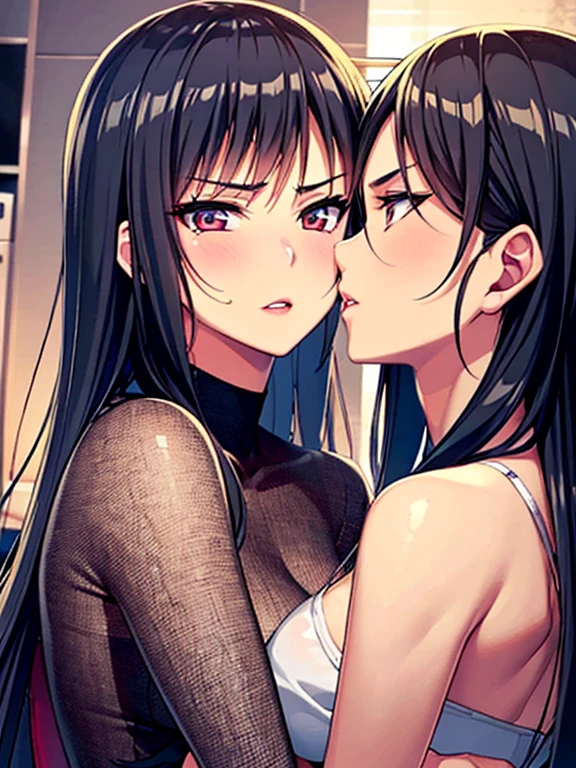 Anime - style illustration of two women kissing in nightclub, Lens flare, Very detailed, art gelm, WLOPとSakimi-chan, Range Murata and art gelm, nixeu and sakimichan, Sakimi-chan＆frank franzzeta, Guviz style artwork, kissing together, kiss, french kiss, tongue kiss, 8k high quality detailed art, Huge , blush, Underbust, abdomen, In frame from waist up, Saliva threads, Drooling, Facing each other, Skin Dentition(Curvy:1.4), (Slut: 1.3), (Standard waist: 1.2), (Thick lips: 1.3), Small Nose, (A light smile: 1.2), (Blush with embarrassment:1.4), heart paste, paste, Covered nipples, パスティーズHeart Def, Heart Def, Thigh-high socks
