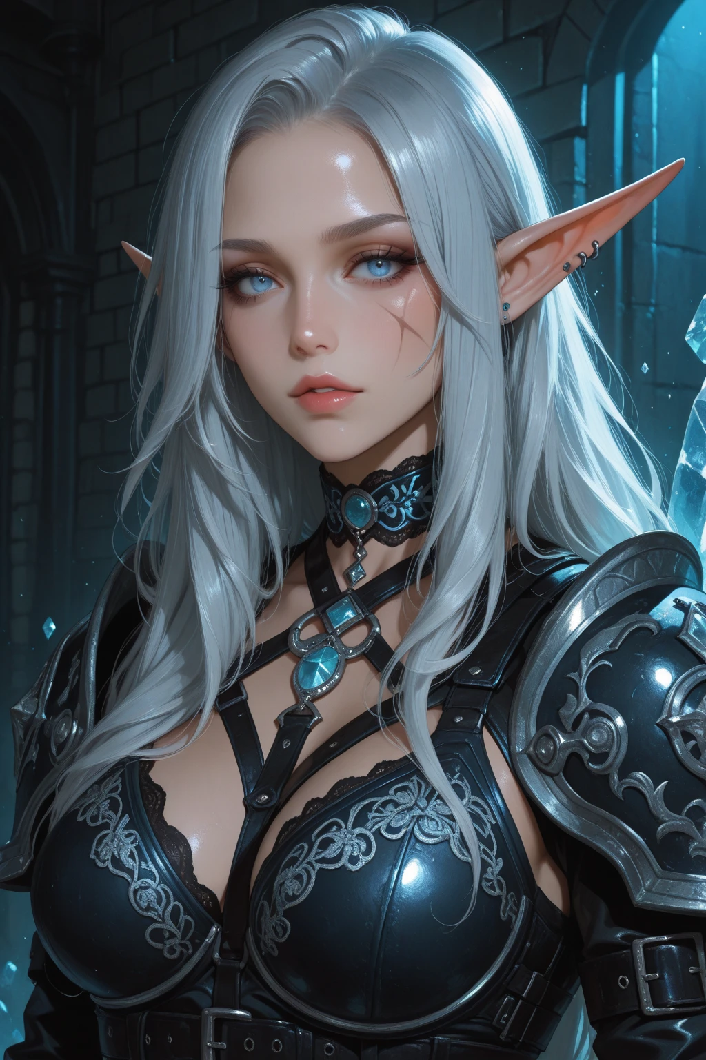 1 ambitious female mage, detailed portrait, medium length white hair, dark eyes, dark cloak and clothes, ((best quality,4k,8k,highres,masterpiece:1.2),ultra-detailed,(realistic,photorealistic,photo-realistic:1.37)), intricate details, chiaroscuro lighting, dramatic shadows, moody atmosphere, fantasy art, digital painting, pointed ears