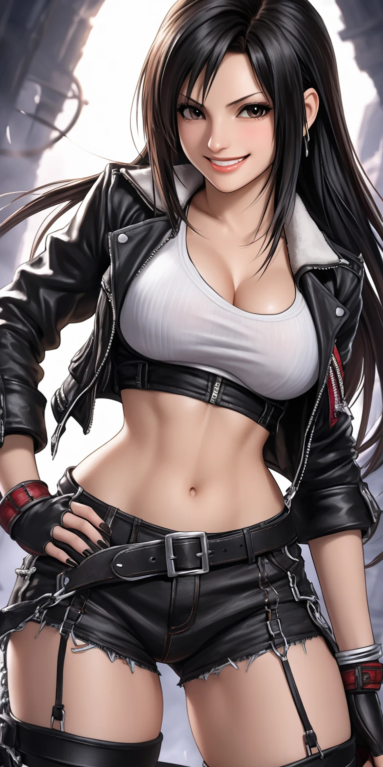 masterpiece,stunning realistic,best quality,sharpness,sharp face,smil，Photo of the fully body
black long hair，purple eyes,big ,tanktop,breast,Side breasts,cargopants with many pockets,open bellybuttons,opened up lags,black cloak,silver necklace,silver chain,black gloves