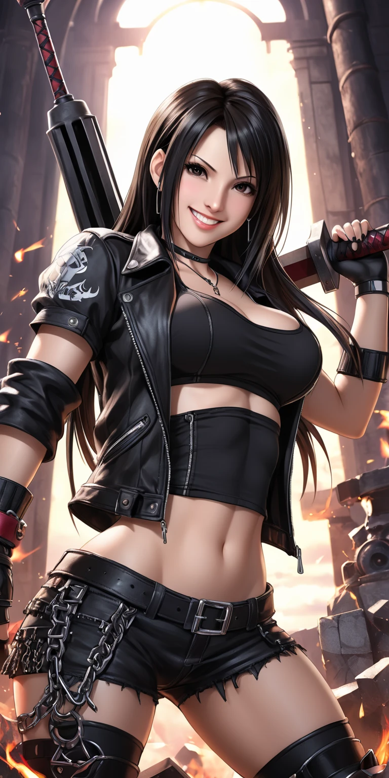 (realisticlying:1.4), top Quority, very fine and beautiful, A high resolution, 1girll, tifa_lockhart, ssmile, cowboy lens, Harnes, Low Waist, mini-skirts, vests, Tension shirts, brunette color hair, long whitr hair, gloves on the elbow, Beautiful detailed red eyes, Face light, cinmatic lighting, nabel, High exposure, Abdominal exposure, the ribs, Abs, (gigantic cleavage breasts:1.2), dynamicposes, dynamic angle --auto