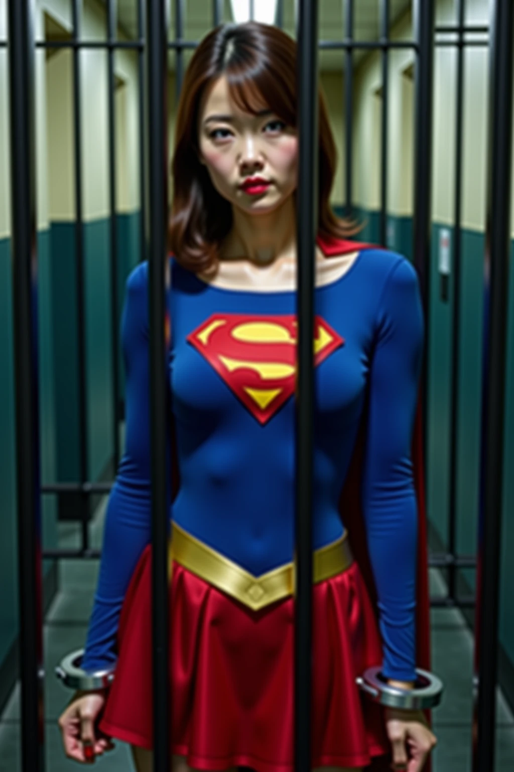 masterpiece、supergirl costume、short hair、barefoot、big and full breasts、Crisis situation、prison、in a cage、imprisonment、prisoner、kneel down、sweaty、shiny、looking at camera、Seduce、choker、long sleeve、red sexy pose、POW camps