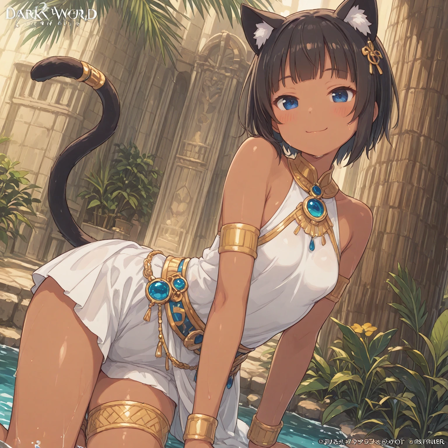 (​masterpiece)、(top-quality)、(ultra-detailliert)、((single body))、(solofocus)、14 year old beautiful girl、silber hair、cat ear、Emphasis on the thighs、Costume of the god Bastet、Egyptian mythology、Bathing in a desert oasis、Wet and see-through