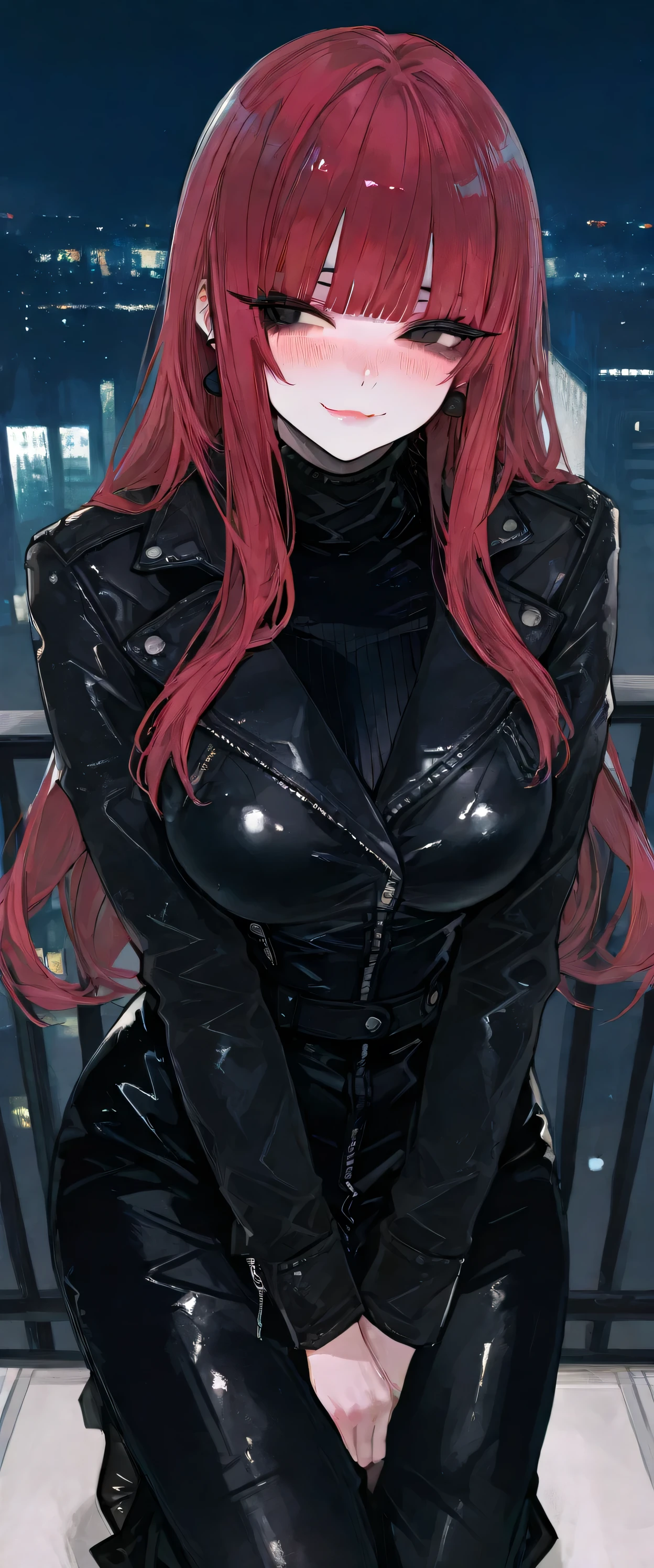 Red-haired cat-eared domina girl, big body, with a black leather suit attached to the body, showing nipples and vagina