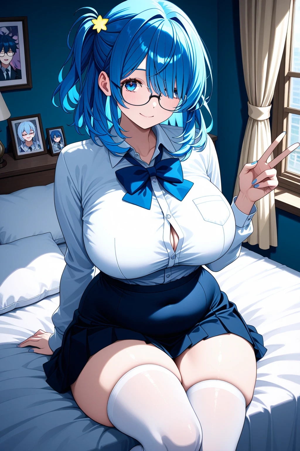 (masterpiece), best quality, expressive eyes, perfect hybrid succubus face girl, long cyan and blue hair, reddish red eyes, glasses, aegao, underwear, short skirt, tight on the hips and thighs, open blouse revealing her cleavage, knee-high socks, bunny ear headband, perfect big breasts, thick thighs, perfect ass, bedroom, touching her breasts,tf to milf,nsfw