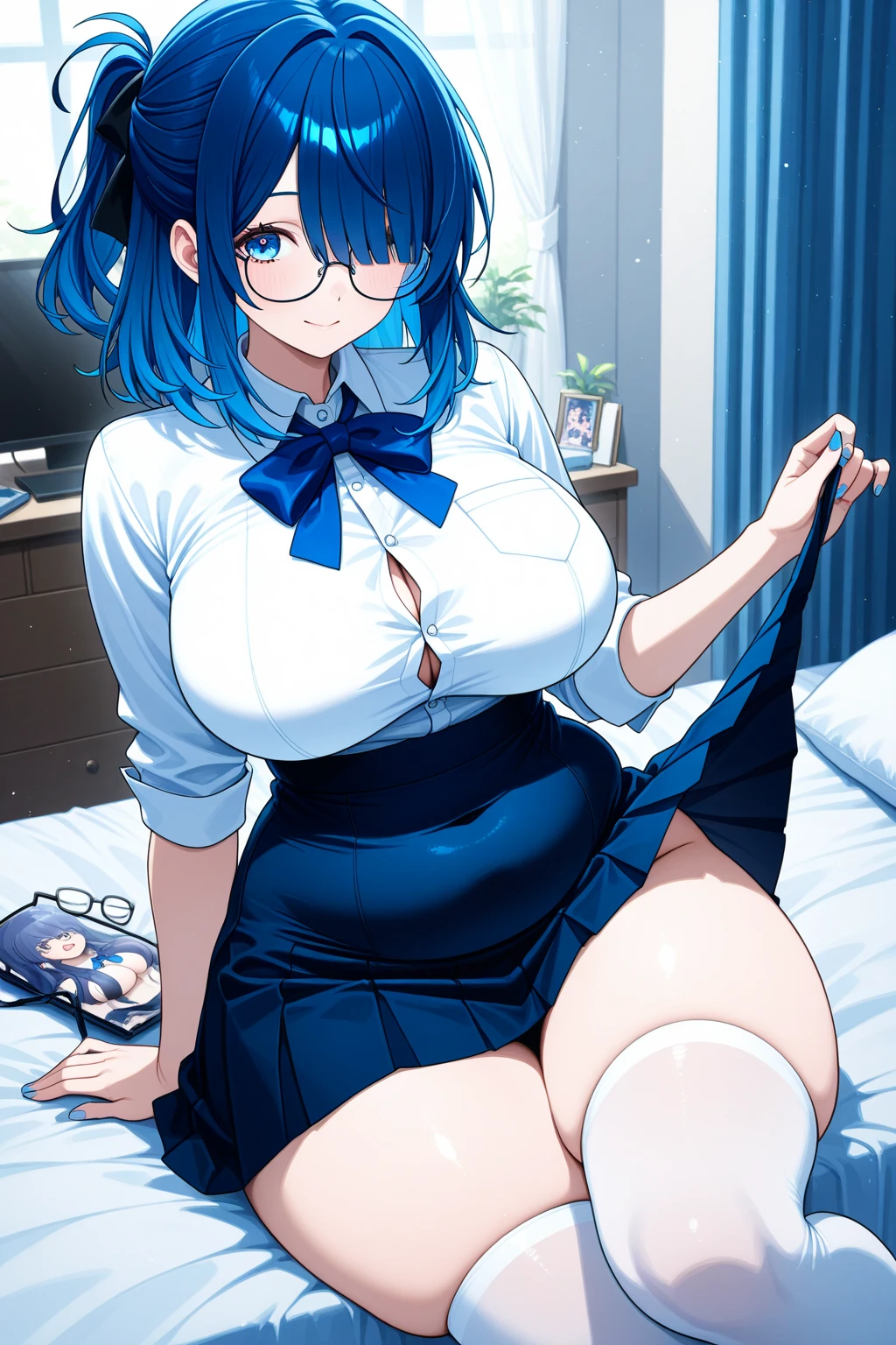 masterpiece, photoreal, high definition, slim waist, long legs, wet skin, huge ass, huge breasts, masterpiece, best quality, absurdres, perfect anatomy, 1girl, solo, Sailor Mercury, (1990s \(style\), short blue hair, glasses, smile, Mogudan_Ayanami_School_outfit, Seifuku, white thigh highs, legs spread, on bed, covered in cum, wet skin, cum drip, bukkake, breast milk, cum on face, cum on tits, lip biting