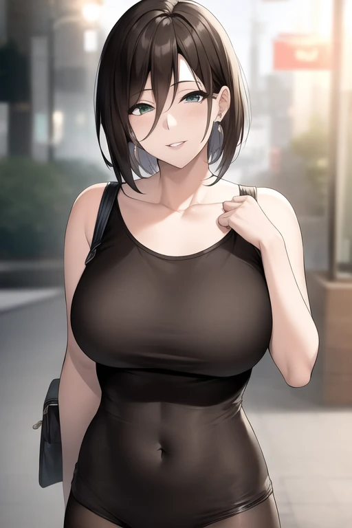 mature woman, mature face, hot face, glossy lips, (black hair, short hair, hime bangs), mature body, big breast, gray shirt, tight shirt, puffing chest out, (black leather jacket), tight pants, big ass, sidewalk, (night), front view, flirting expression