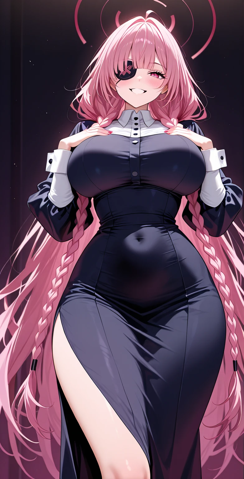 realistic, 1 girl, Pink hair, wear a bridal veil, straight hair, weight on one leg, back view, Blunt bangs, (beautiful eyes), blush, ((((white transparent maid dress, fully dressed)))), ((big breasts)), maid headband, White Hand Gloves, high heels, tape, night, in room, I look at the viewer, pomade, closed mouth, bare foot, SFV, very big breasts, [big belly], covered belly, Fat девушка, standing, Fat, Fat девушка