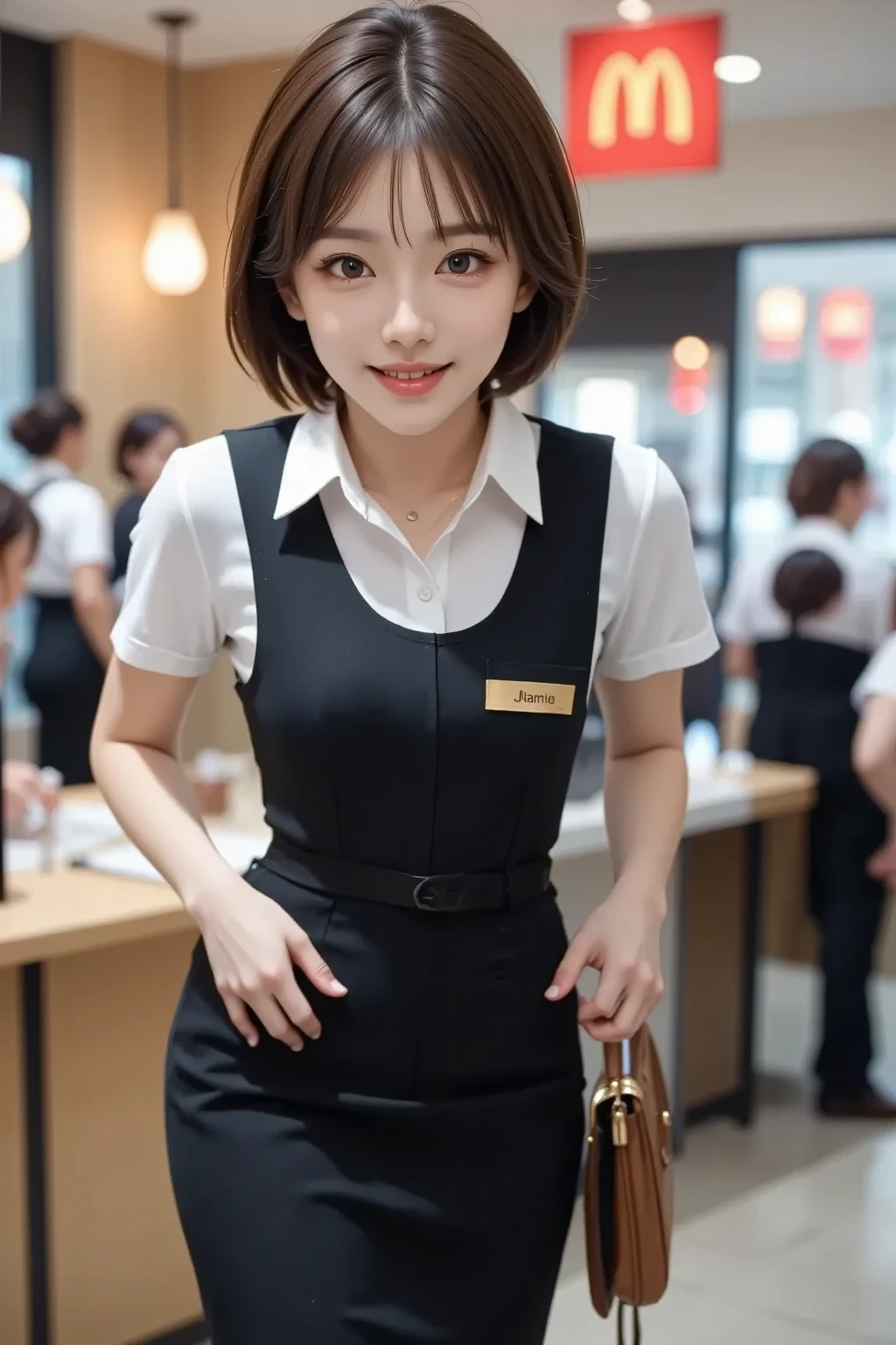 (((full body,including legs)))、(((cute counter staff,little smile,blush,red cheek,in the cafeterria,open legs apart,sitting down the chair))),(((perfect uniform of Japanese stewardess, black vest-dress uniform,white tight blouse,black mini skirt,black high-heel,little smile,white blouse,tight blouse))) ,high heel、Dressed up、(Photo real:1.4)、(A hyper-realistic:1.4)、(Photorealistic:1.3)、 (gentle lighting: 1.05)、(Improve the lighting quality of your video:0.9)、32k、 1Girl、28years old girl、photorealistic lighting、Back lighting、Facial Lights、Ray Trace、(bright:1.2)、(Increase quality:1.4)、 (best quality real texture skin)、Fair eyes,Delicate and delicate face, Close-up of the face, white blouse,tight blouse,tight black vest-dress uniform,black mini skirt, (Bodyline mood improvement:1.1)、good figure,Glossy skin、wavy hair,curly hair,blonde hair,韓国アイドル、乃木坂アイドル、Sculptural Idol Pose、little smile,blush,Beautiful actress, (((large breasts,beautiful breasts))),(perfect row of teeth),slender waist and hip,beautiful long legs,full shot)、((8heads tall)、(((誘惑している、恥ずかしい)))、dynamic pose,gravure pose,(eye shadow),((red cheek、red lips)),Super Clean Night View、night time、blush,little smile,(((full shot)))、Super Clean Night View、night time,in the cafeterria,open legs apart,sitting down the chair))),