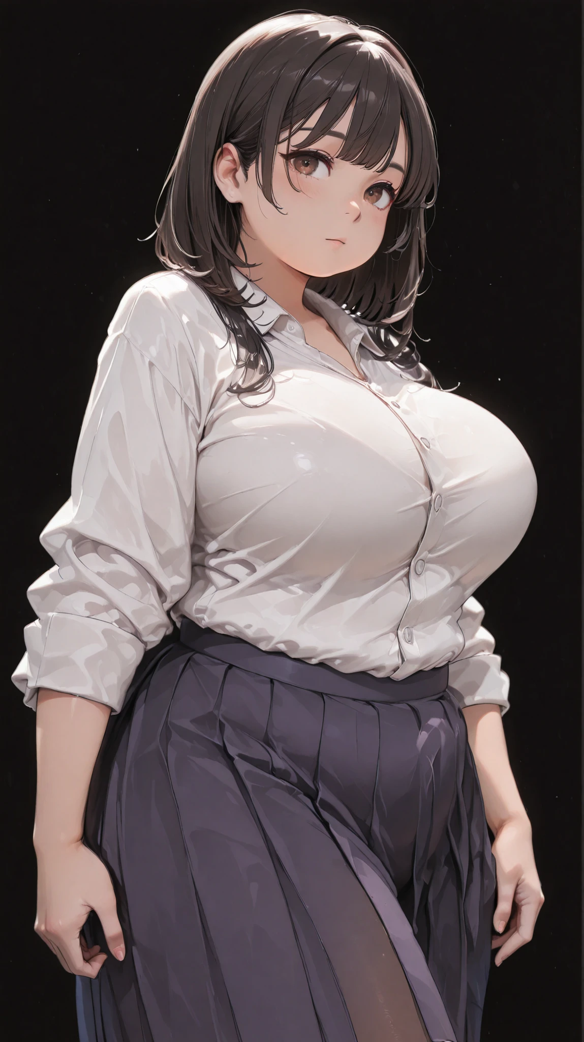 Masterpiece, hi res, absurdres, Best Quality, 4K, detailed, HD , by NTRMAN, solo, mature female, age 40, milf,mother, chubby, bbw, curvy, short stature, shorttack, thick, Big ass,crop top, short skirt, black hair, hair bun,curvy, cleavage, saggy breasts, prominent lips, red lipstick,thick, blushing, olive skin, tanned skin, looking at viewer, tattoos on body, Gyaru, dark skin