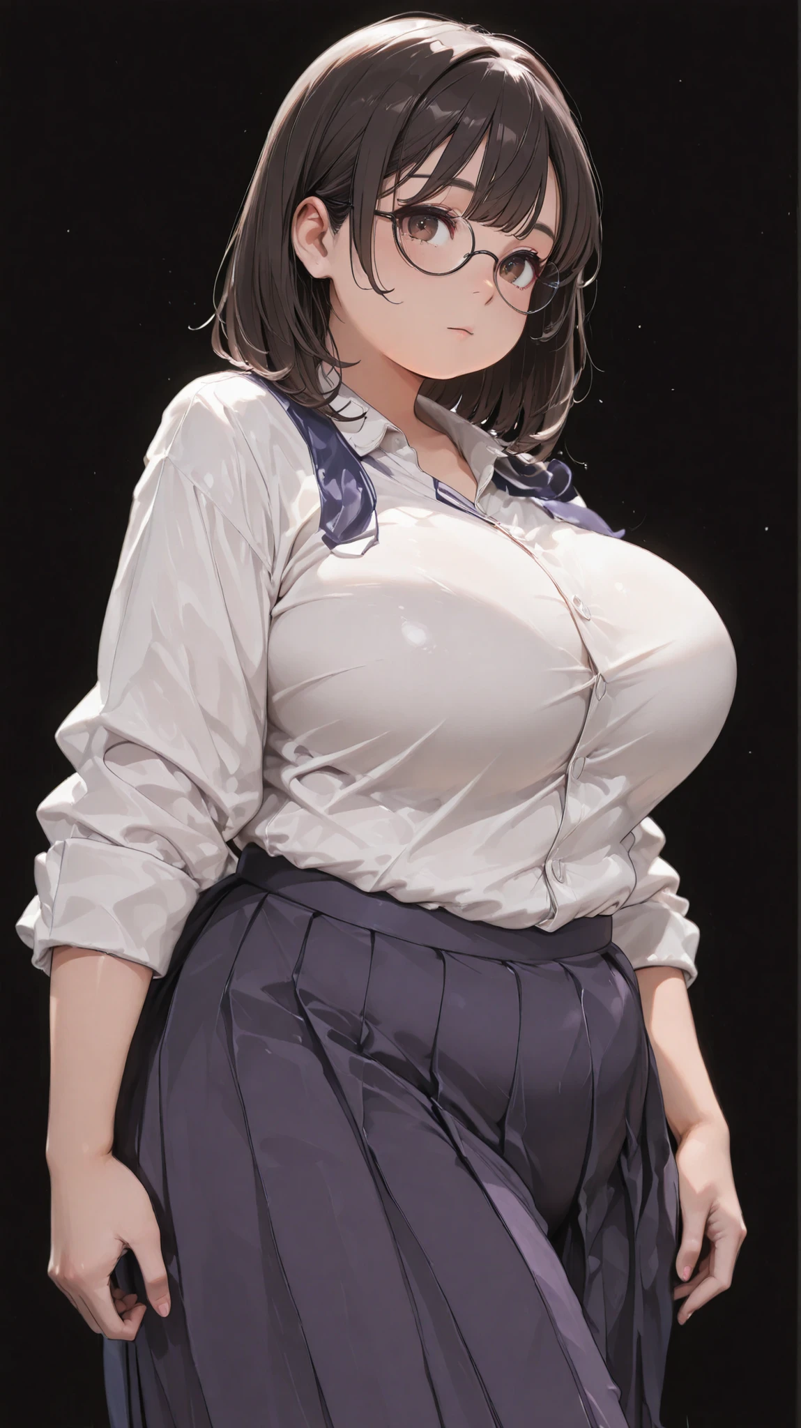 Shelley Gee, (masterpiece, Best Quality, high resolution: 1.2), , Alone, brown eyes、chubby body、Super Big Breasts、big waist、cylindrical body type、No facial expression、 jet black background 、dark haired、Fat body 、Bang、plump body、
pose with movement、big breasts、leotard、
medium hair、
pantyhose、Pleated Long Skirt、angle from below、school