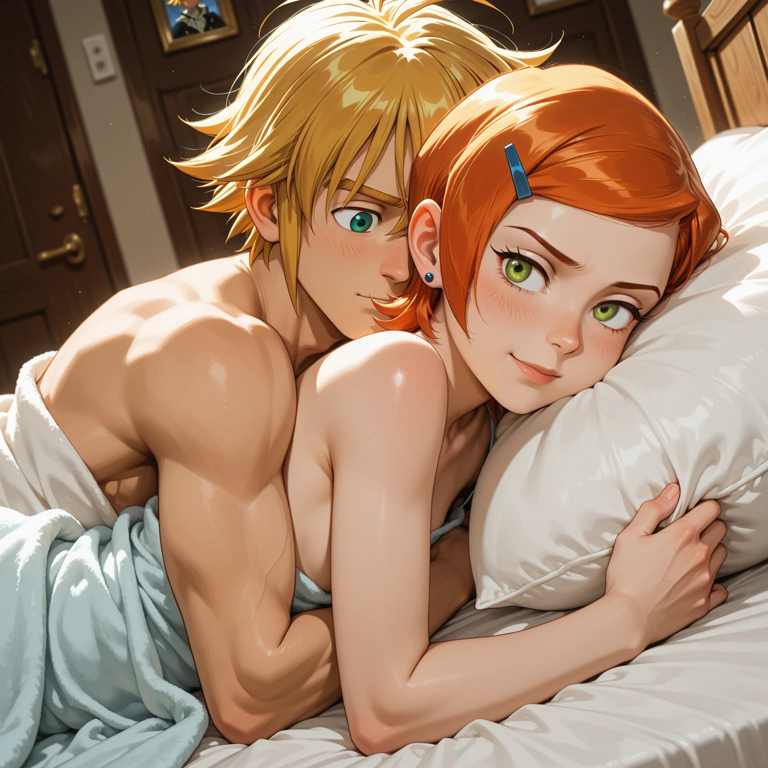 score_9, score_8_up, score_7_up, 1girl, 1boy, magnificent body, bed_sheet, black_stockings, blush, breast, split, clavicle, covering, covering_breast, crossed_weapon, green_eyes, middle_breast, fog_(Pokemon), Navel, nude, Orange_hair, Short_hair, side_Ponytail, signature, sitting, One, thigh high, topless,