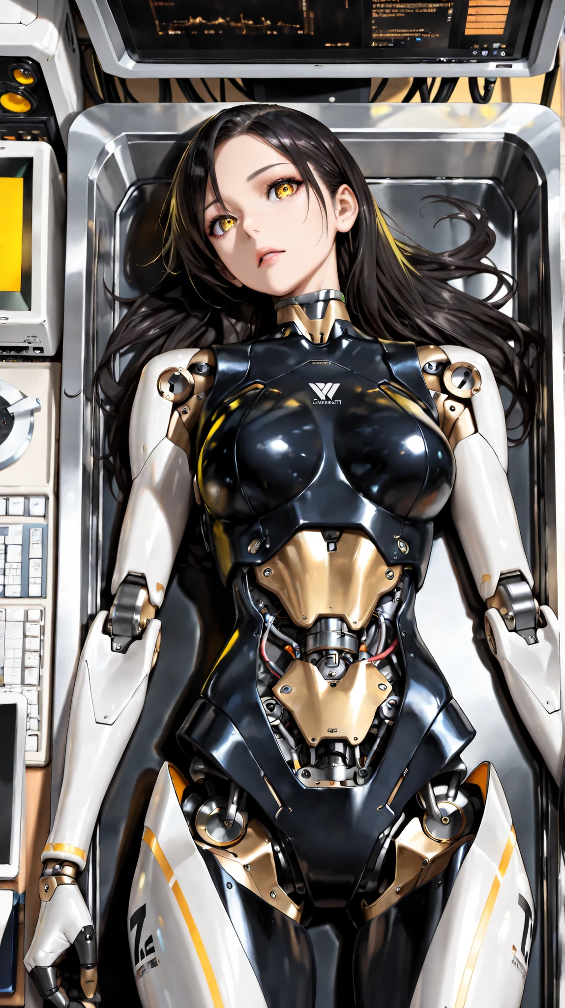 Flowing_contour biomechanical__cybernetic_airbrush___Strange__eerie__((Japanese Fashion_Magazines_cover__art_decor_Border))__porcelain_and_Platinum / Futuristic Cyberpunk woman with porcelain skin, cybernetic implants.